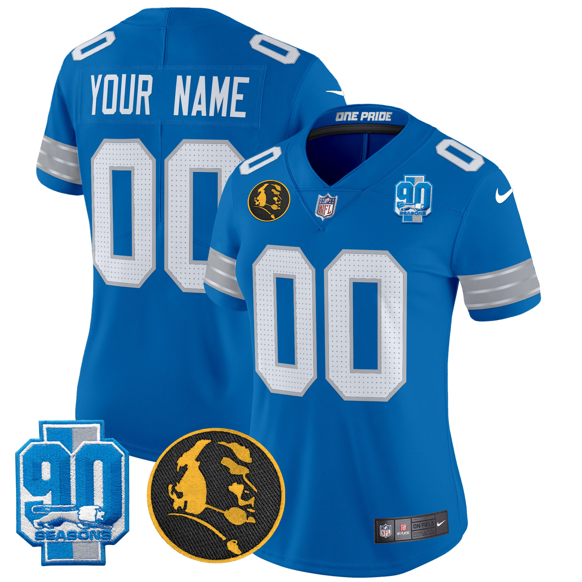 Women's Detroit Lions 2024 90th & John Madden Patch Vapor Limited Custom Blue Jersey - All Stitched