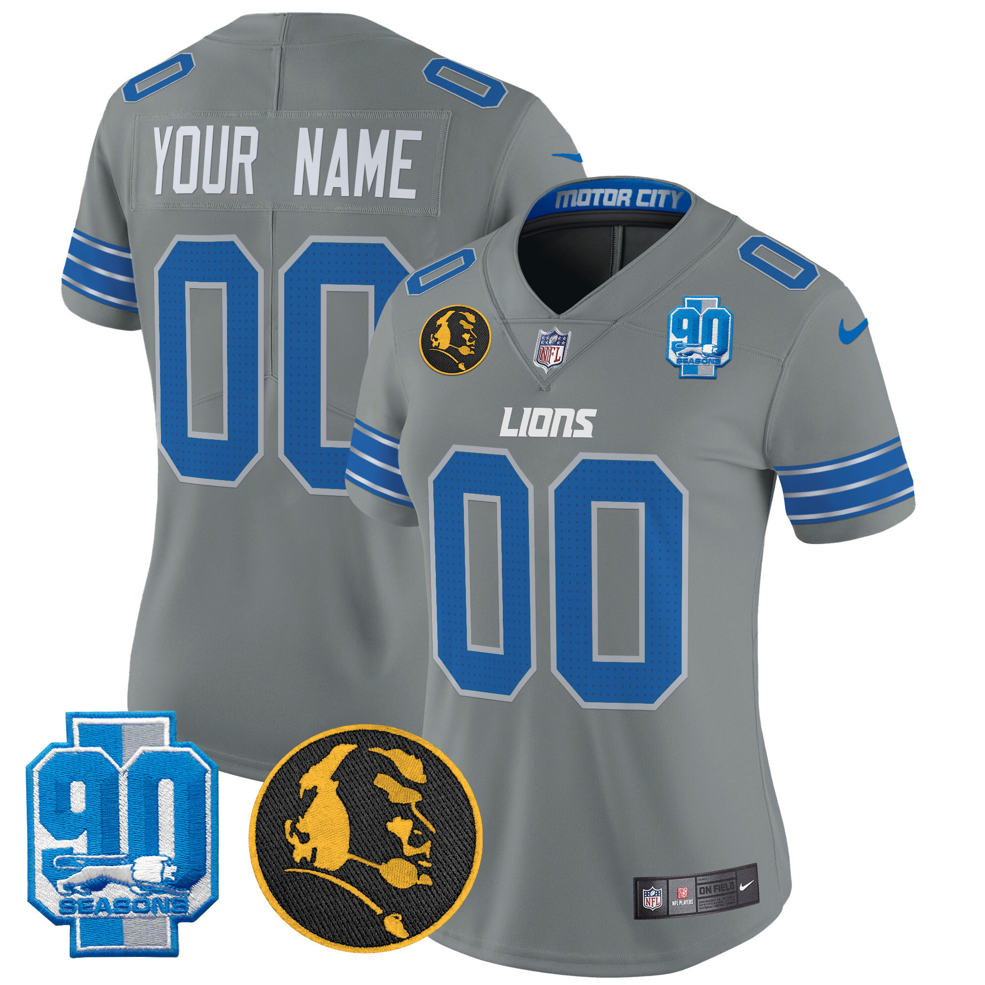 Women's Detroit Lions 2024 90th & John Madden Patch Vapor Limited Custom Gray Jersey - All Stitched