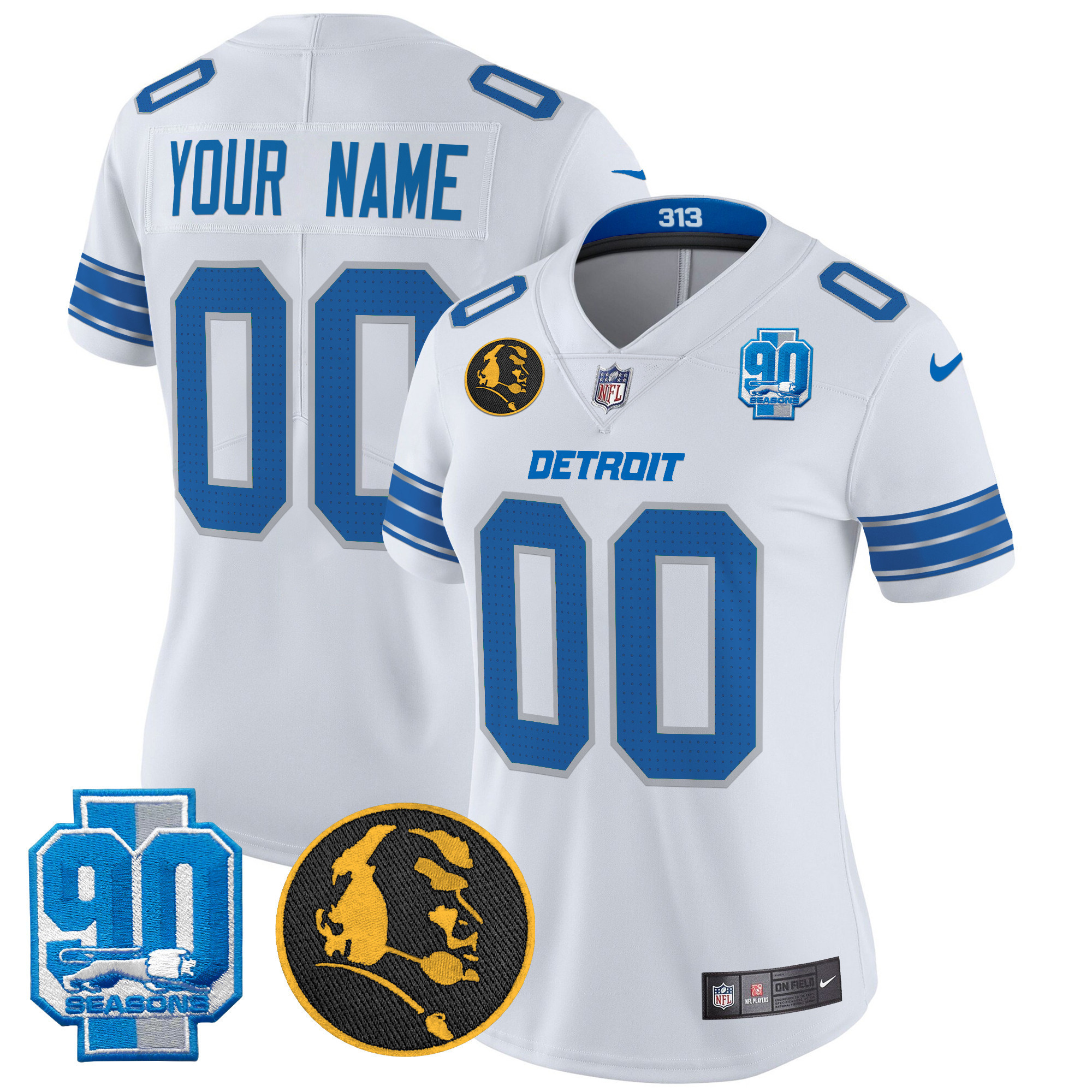 Women's Detroit Lions 2024 90th & John Madden Patch Vapor Limited Custom White Jersey - All Stitched