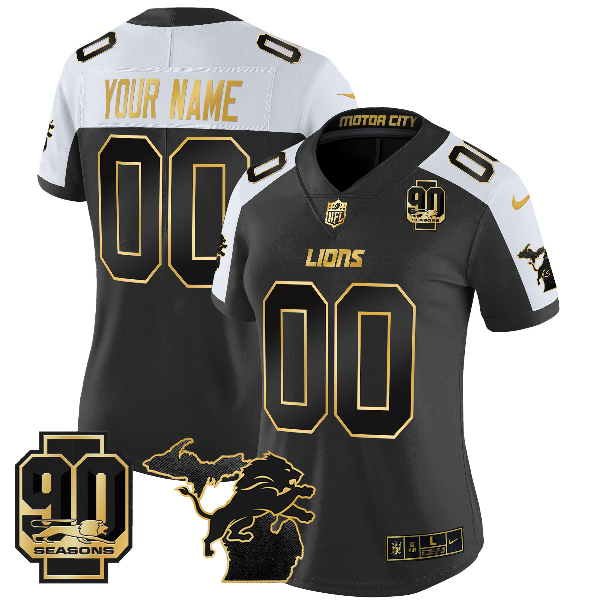 Women's Detroit Lions 2024 Michigan & 90th Season Patch Gold Vapor Limited Custom Alternate Jersey - All Stitched