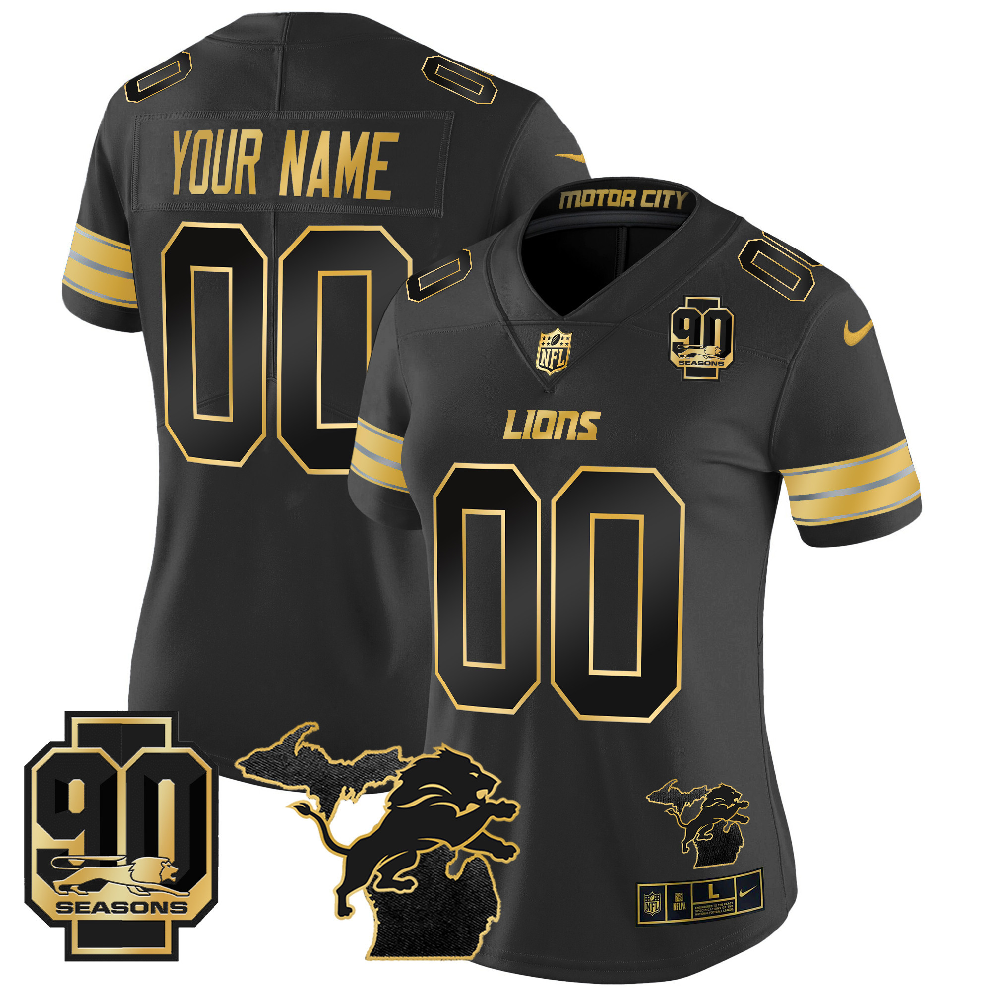 Women's Detroit Lions 2024 Michigan & 90th Season Patch Gold Vapor Limited Custom Black Gold Jersey - All Stitched