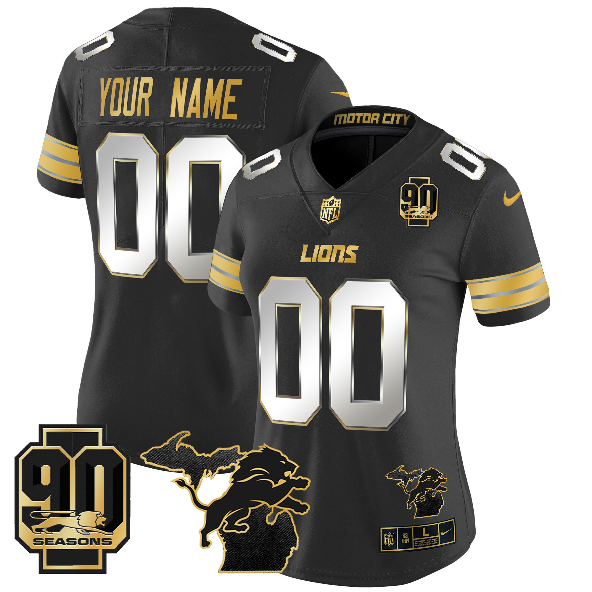 Women's Detroit Lions 2024 Michigan & 90th Season Patch Gold Vapor Limited Custom Black Limited Jersey - All Stitched