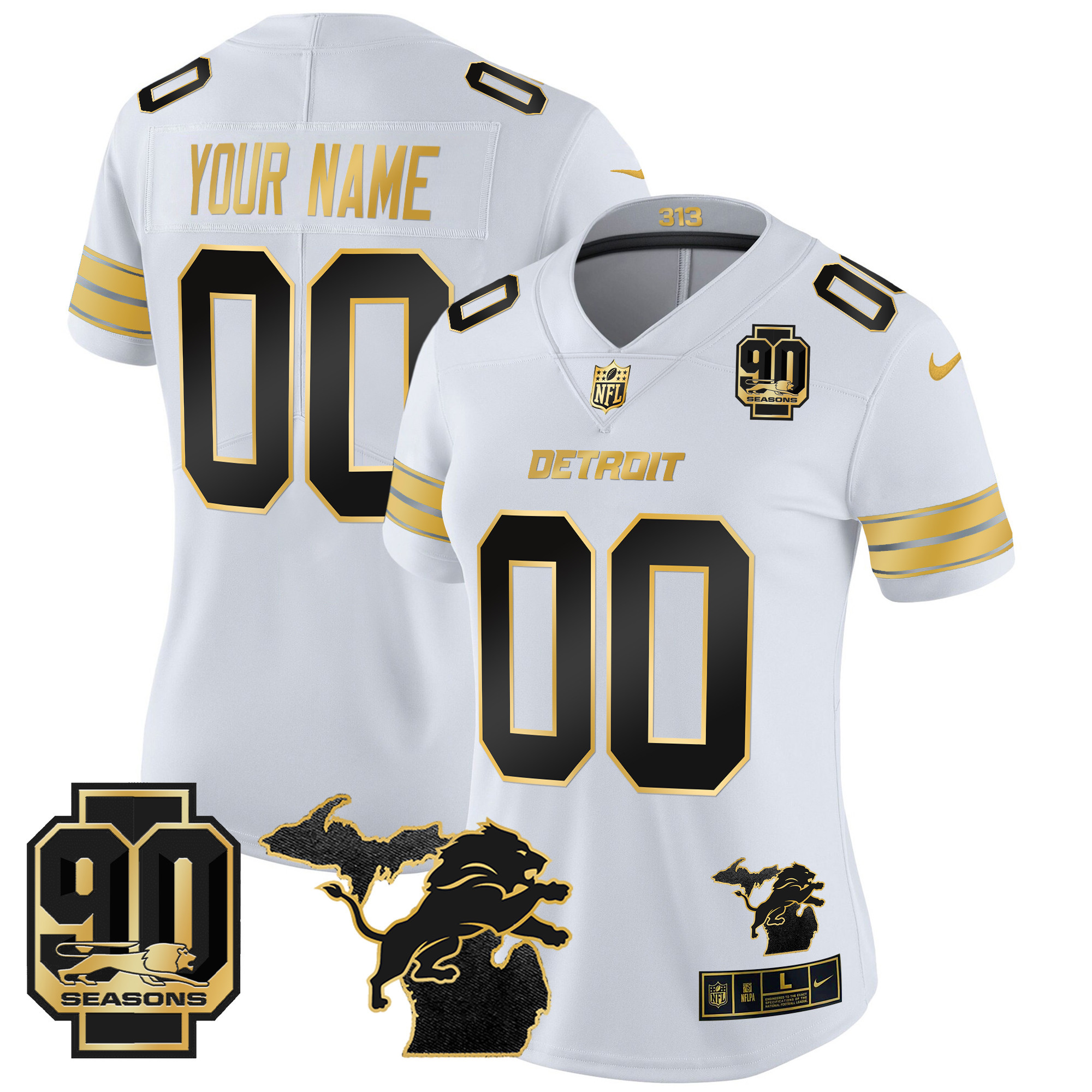 Women's Detroit Lions 2024 Michigan & 90th Season Patch Gold Vapor Limited Custom White Gold Jersey - All Stitched