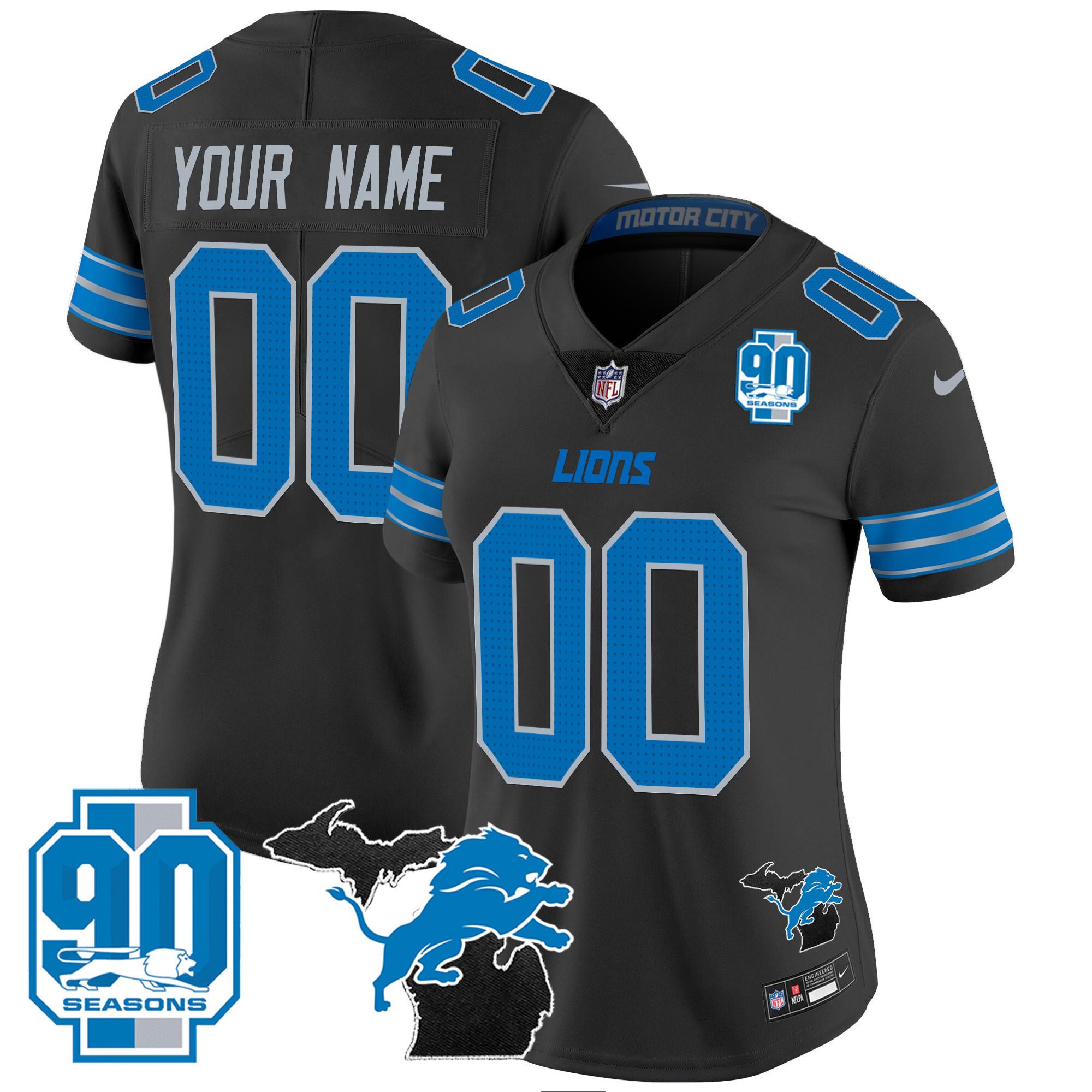 Women's Detroit Lions 2024 Michigan & 90th Year Patch Vapor Custom Black Jersey - All Stitched