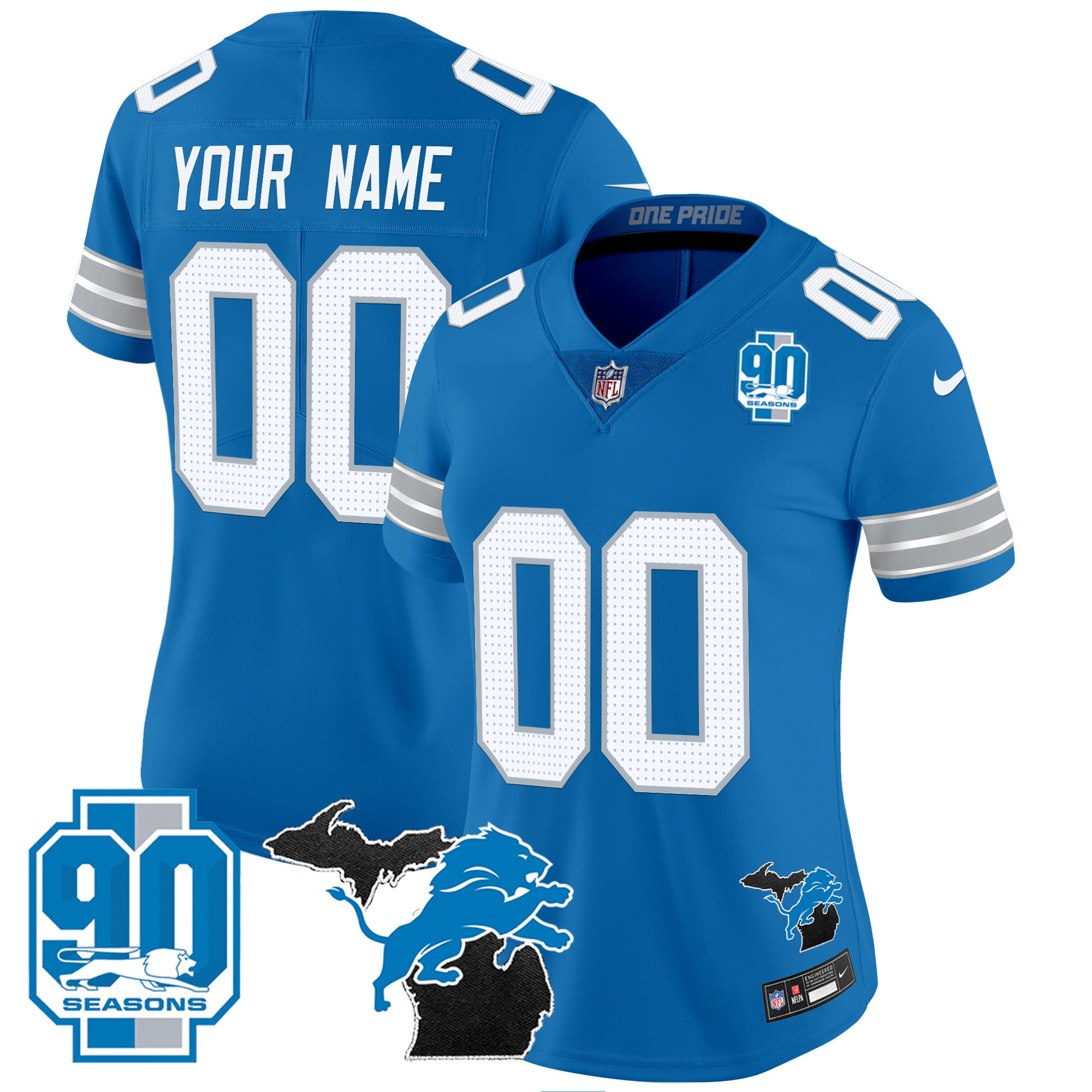Women's Detroit Lions 2024 Michigan & 90th Year Patch Vapor Custom Blue Jersey - All Stitched