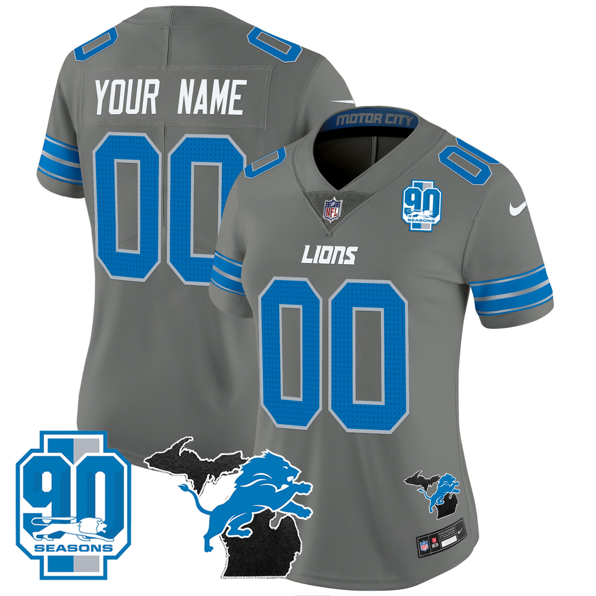 Women's Detroit Lions 2024 Michigan & 90th Year Patch Vapor Custom Gray Jersey - All Stitched