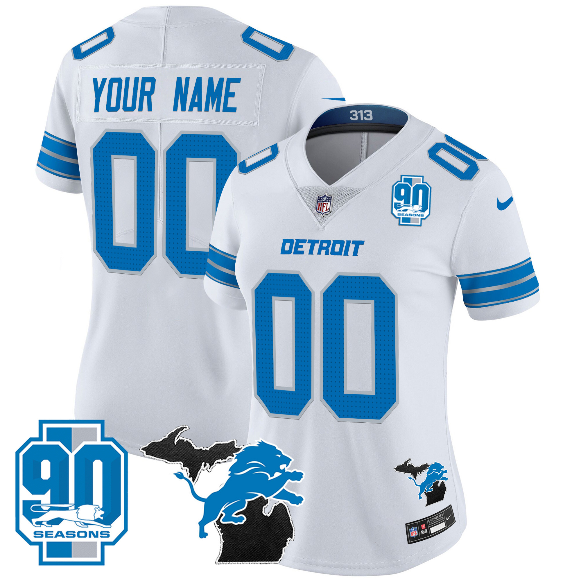 Women's Detroit Lions 2024 Michigan & 90th Year Patch Vapor Custom White Jersey - All Stitched