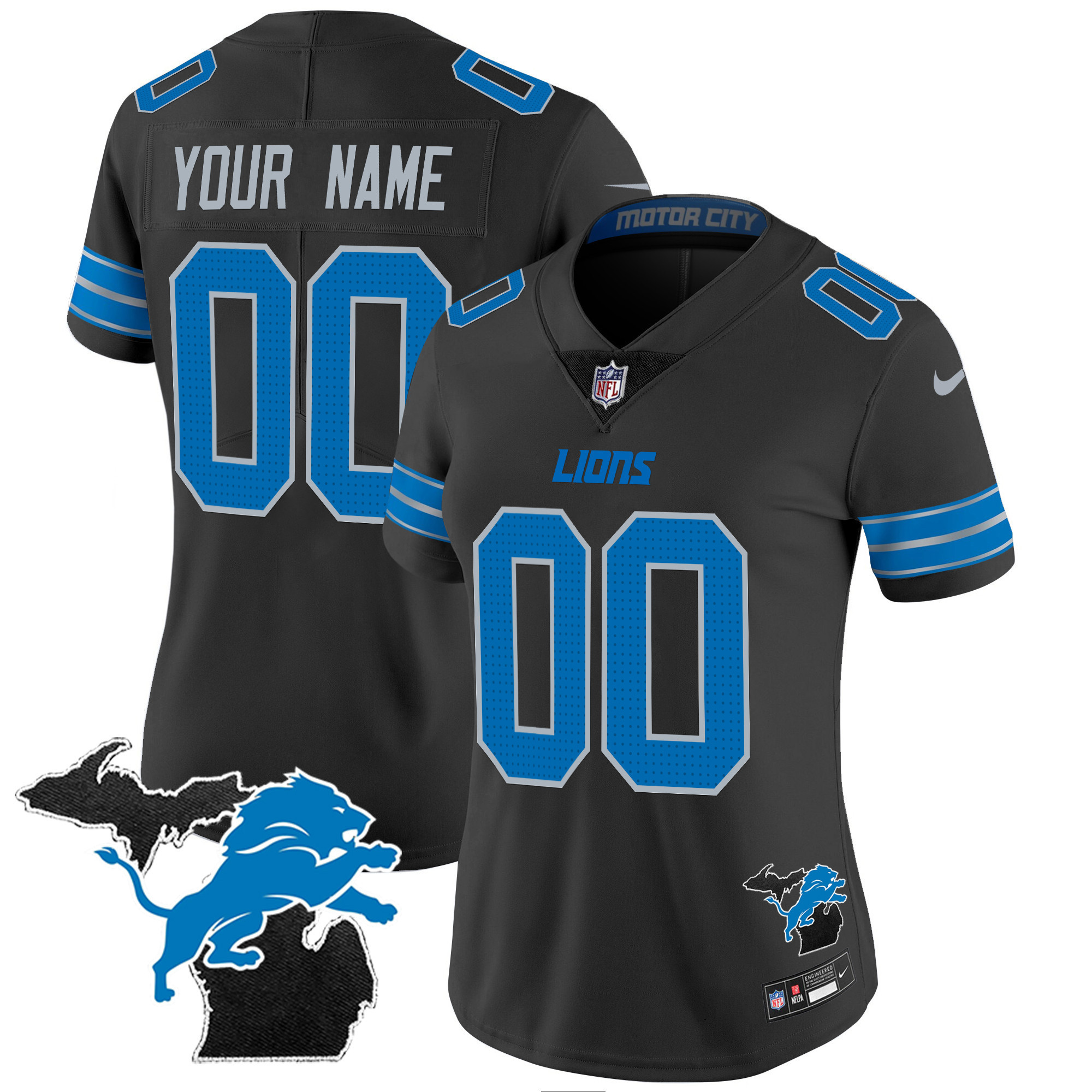 Women's Detroit Lions 2024 Michigan Patch Vapor Limited Custom Black Jersey - All Stitched