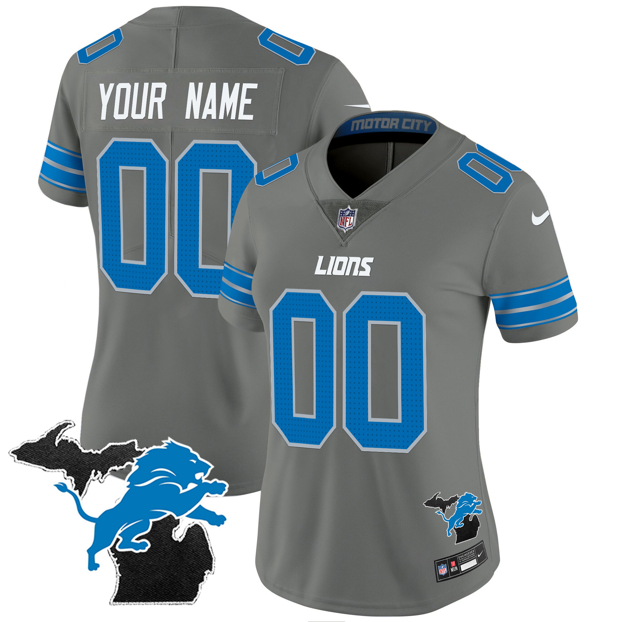 Women's Detroit Lions 2024 Michigan Patch Vapor Limited Custom Gray Jersey - All Stitched