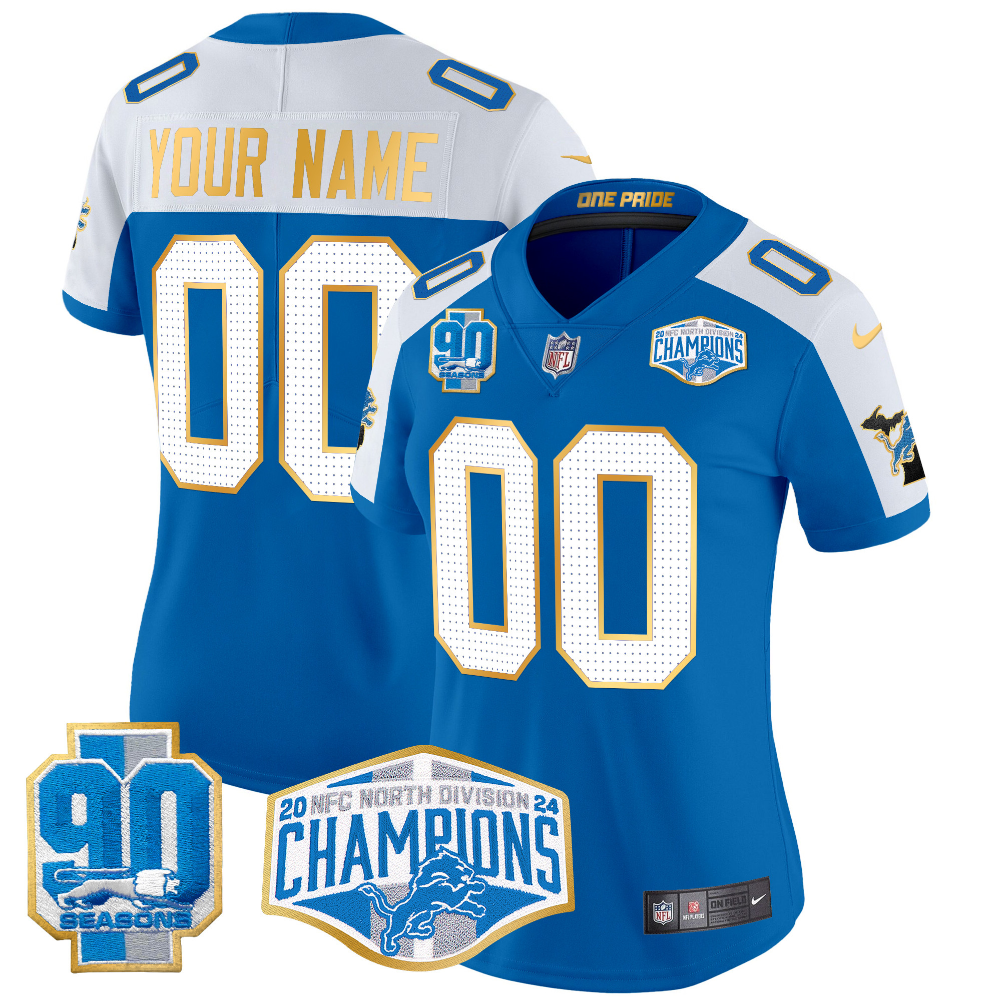 Women's Detroit Lions 2024 NFC North Division Champions Patch Gold Trim Vapor Limited Custom Blue Alternate Jersey - All Stitched