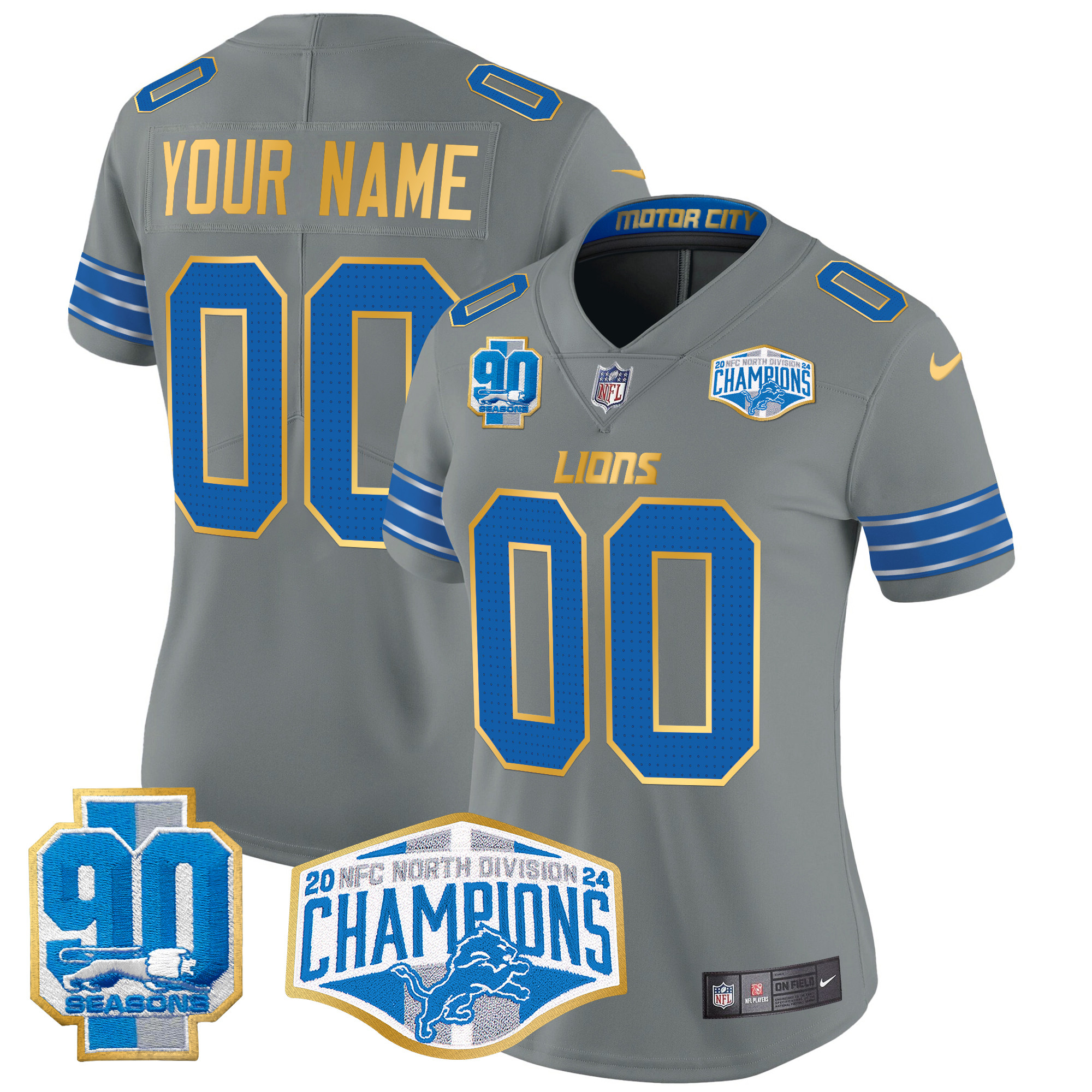 Women's Detroit Lions 2024 NFC North Division Champions Patch Gold Trim Vapor Limited Custom Gray Jersey - All Stitched