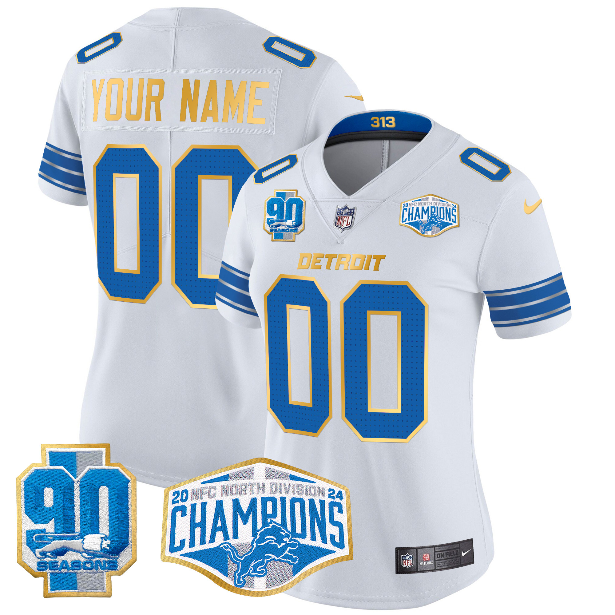 Women's Detroit Lions 2024 NFC North Division Champions Patch Gold Trim Vapor Limited Custom White Jersey - All Stitched