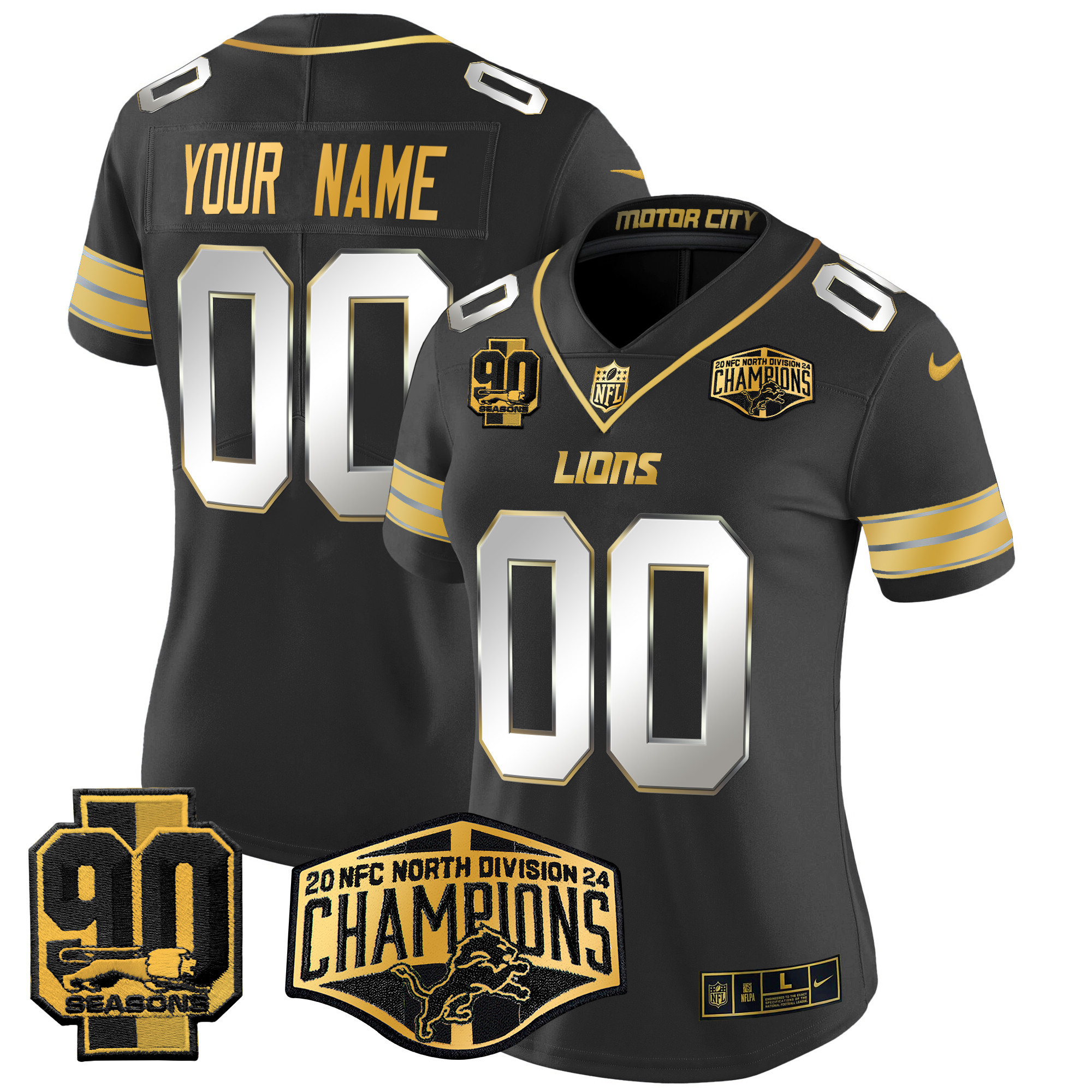 Women's Detroit Lions 2024 NFC North Division Champions Patch Gold Vapor Limited Custom Black Limited Jersey - All Stitched