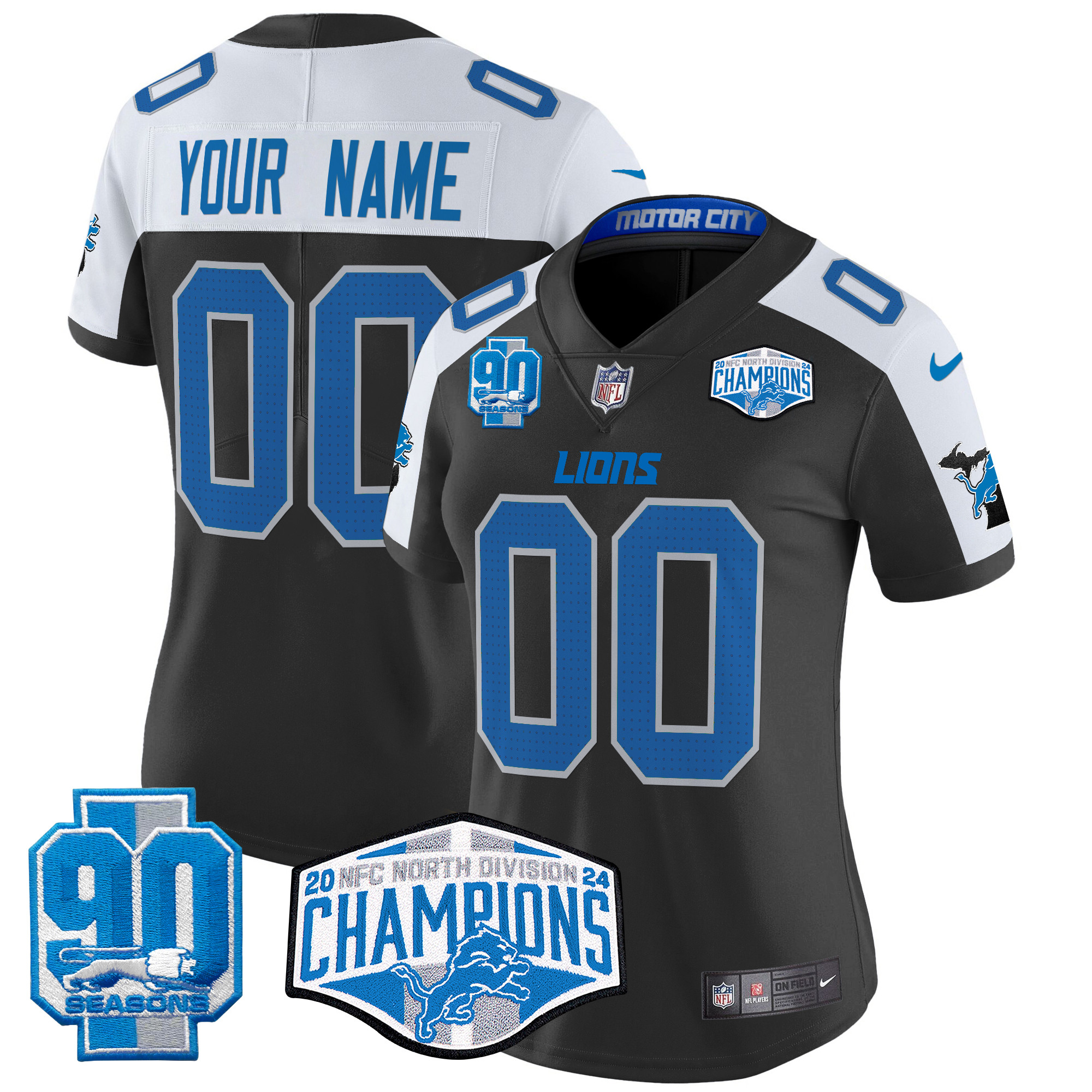 Women's Detroit Lions 2024 NFC North Division Champions Patch Vapor Limited Custom Black Alternate Jersey - All Stitched