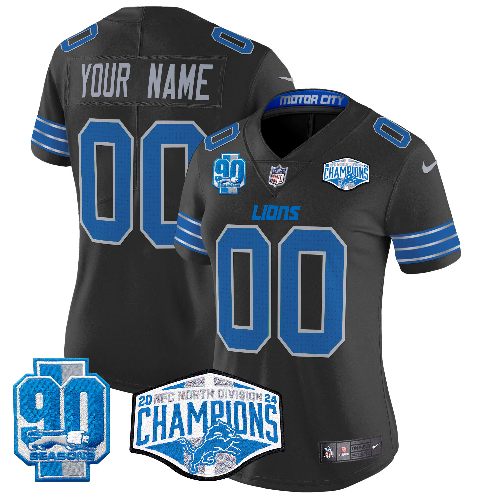 Women's Detroit Lions 2024 NFC North Division Champions Patch Vapor Limited Custom Black Jersey - All Stitched