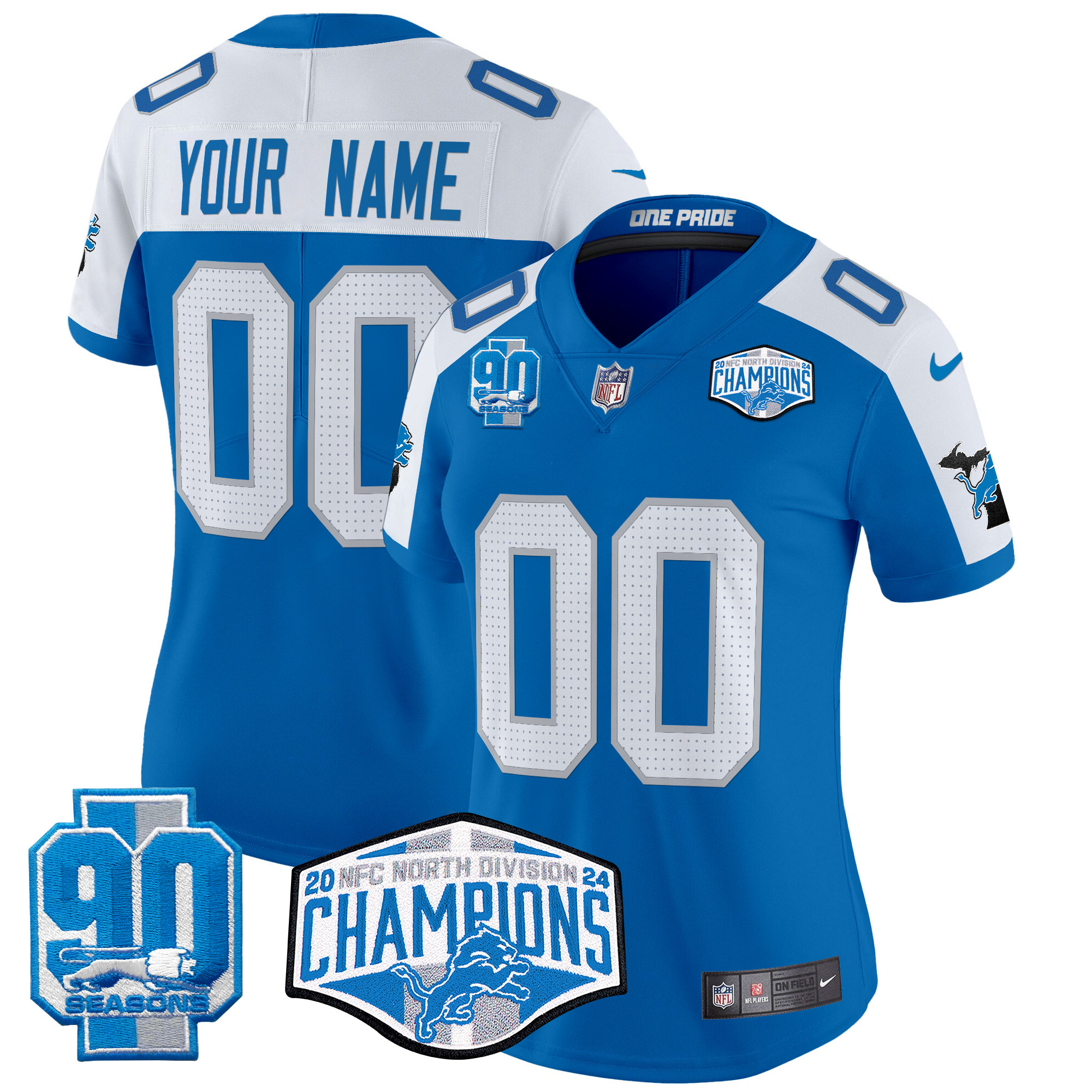 Women's Detroit Lions 2024 NFC North Division Champions Patch Vapor Limited Custom Blue Alternate Jersey - All Stitched