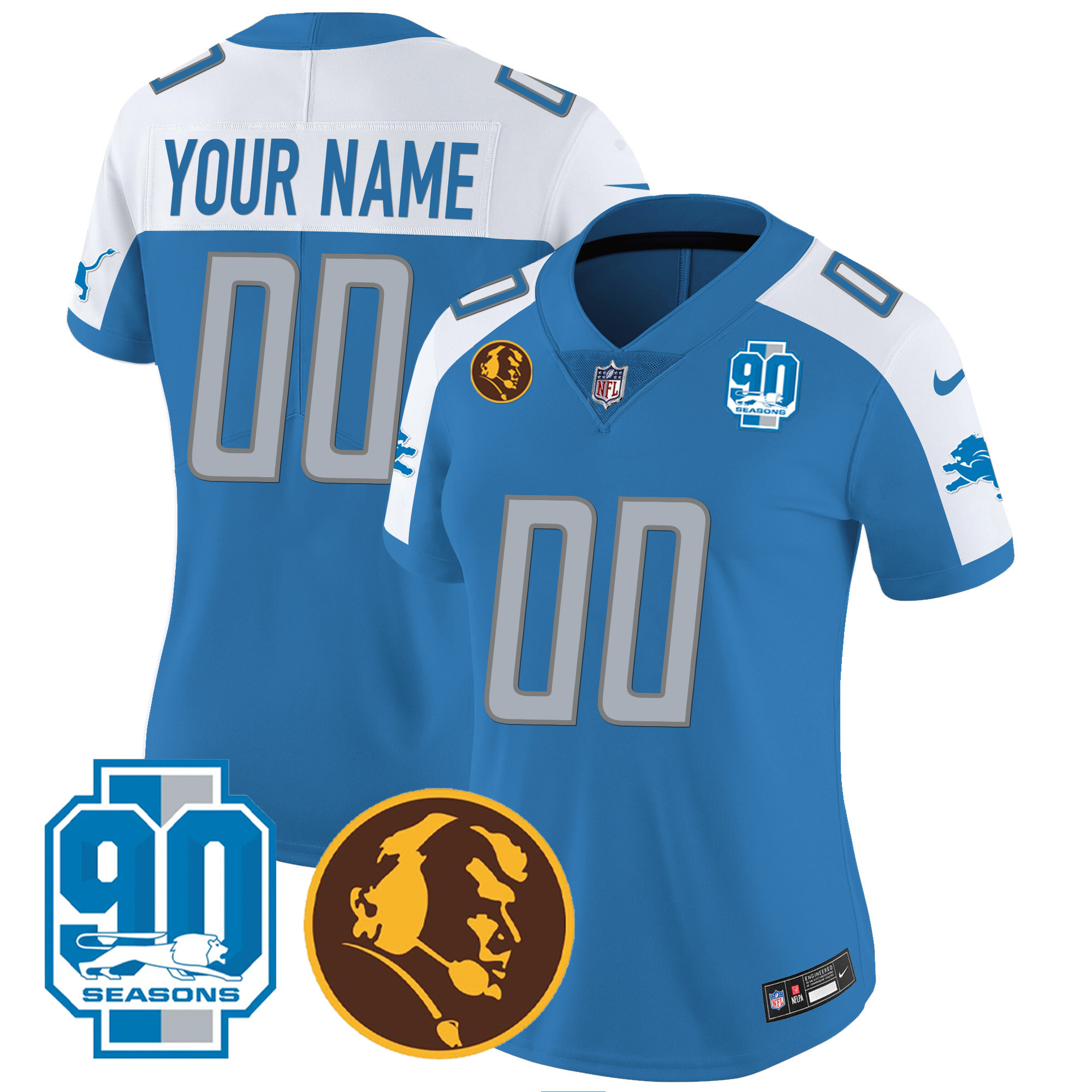 Women's Detroit Lions 90th & John Madden Patch Custom Blue Alternate Jersey - All Stitched