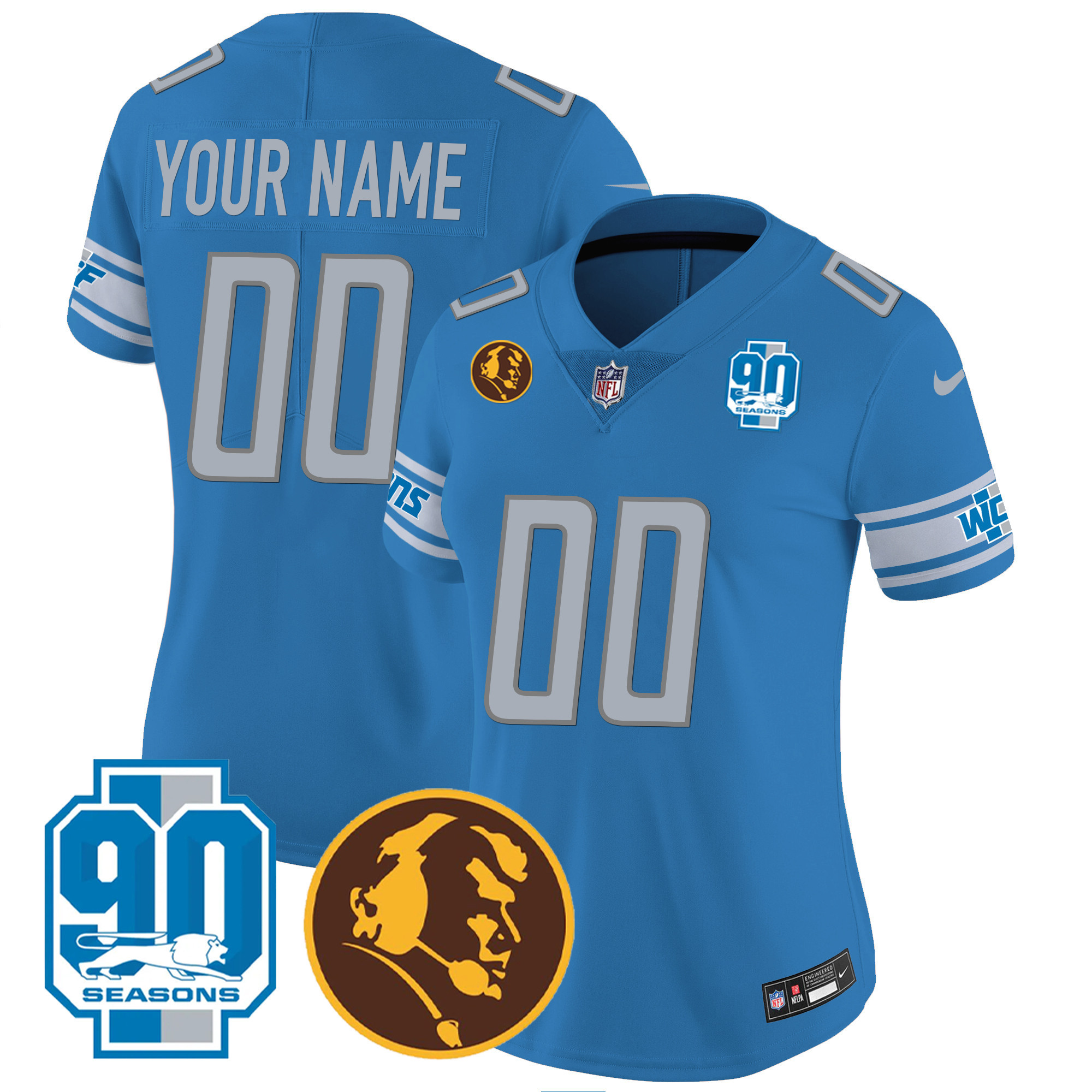 Women's Detroit Lions 90th & John Madden Patch Custom Blue Jersey - All Stitched