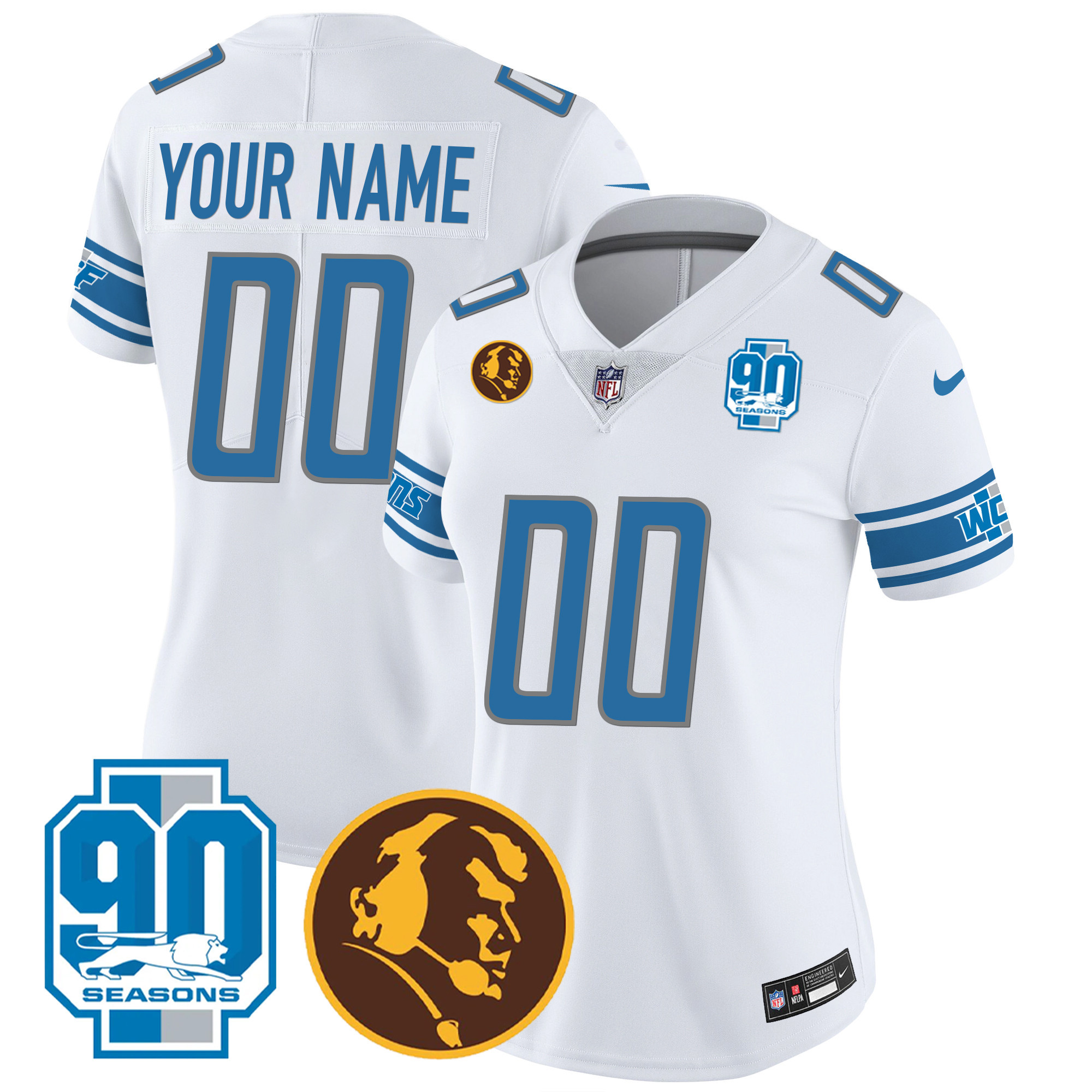 Women's Detroit Lions 90th & John Madden Patch Custom White Jersey - All Stitched