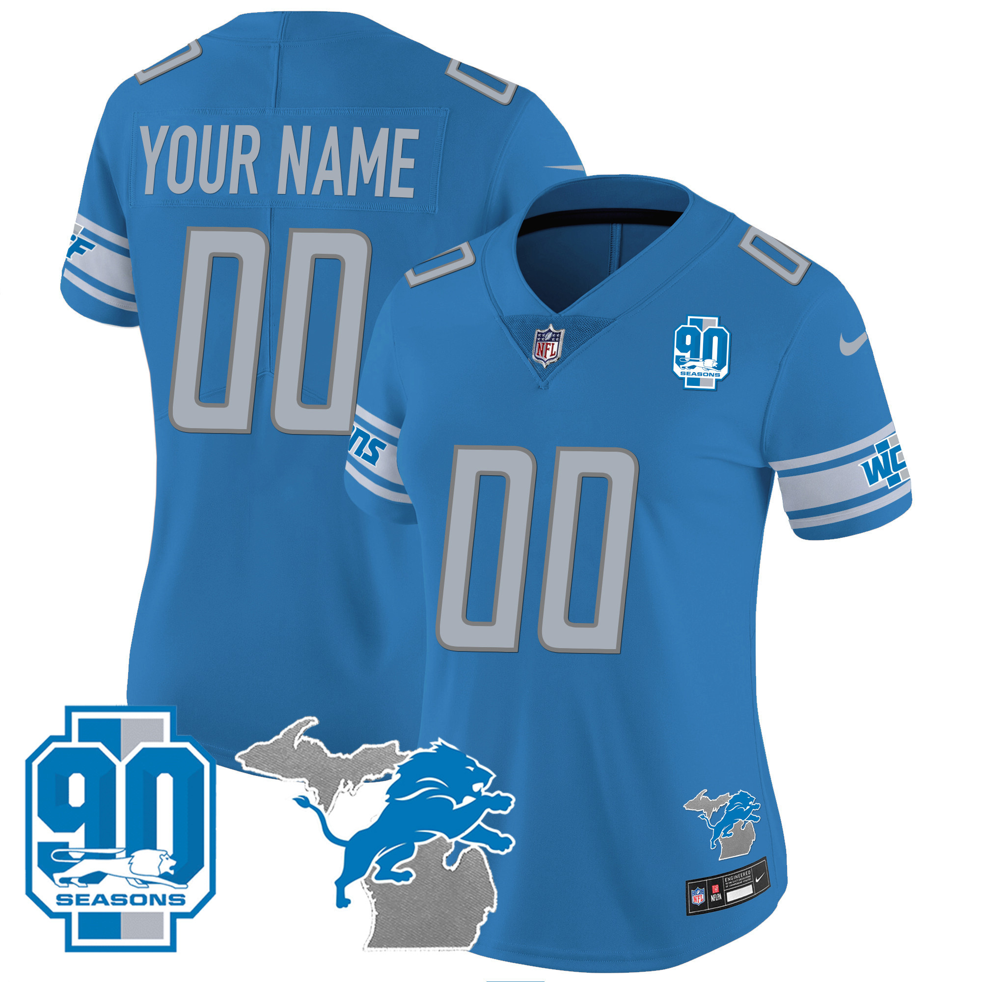 Women's Detroit Lions 90th Year & Michigan Patch Custom Vapor Blue Jersey - All Stitched