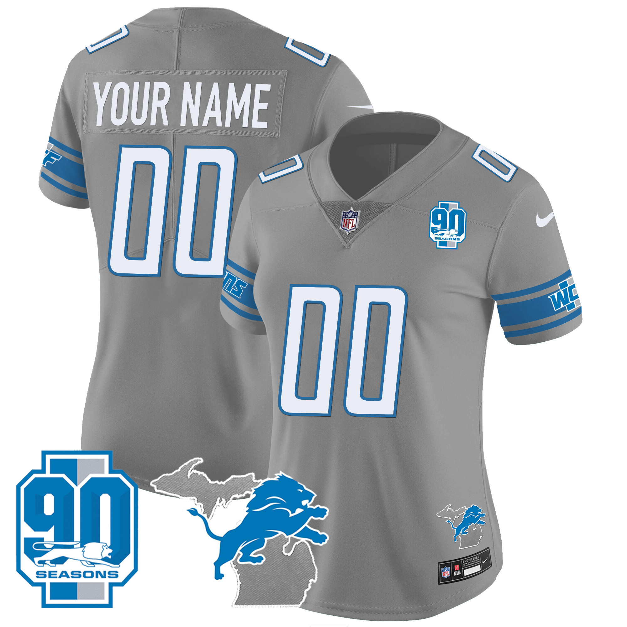 Women's Detroit Lions 90th Year & Michigan Patch Custom Vapor Gray Jersey - All Stitched