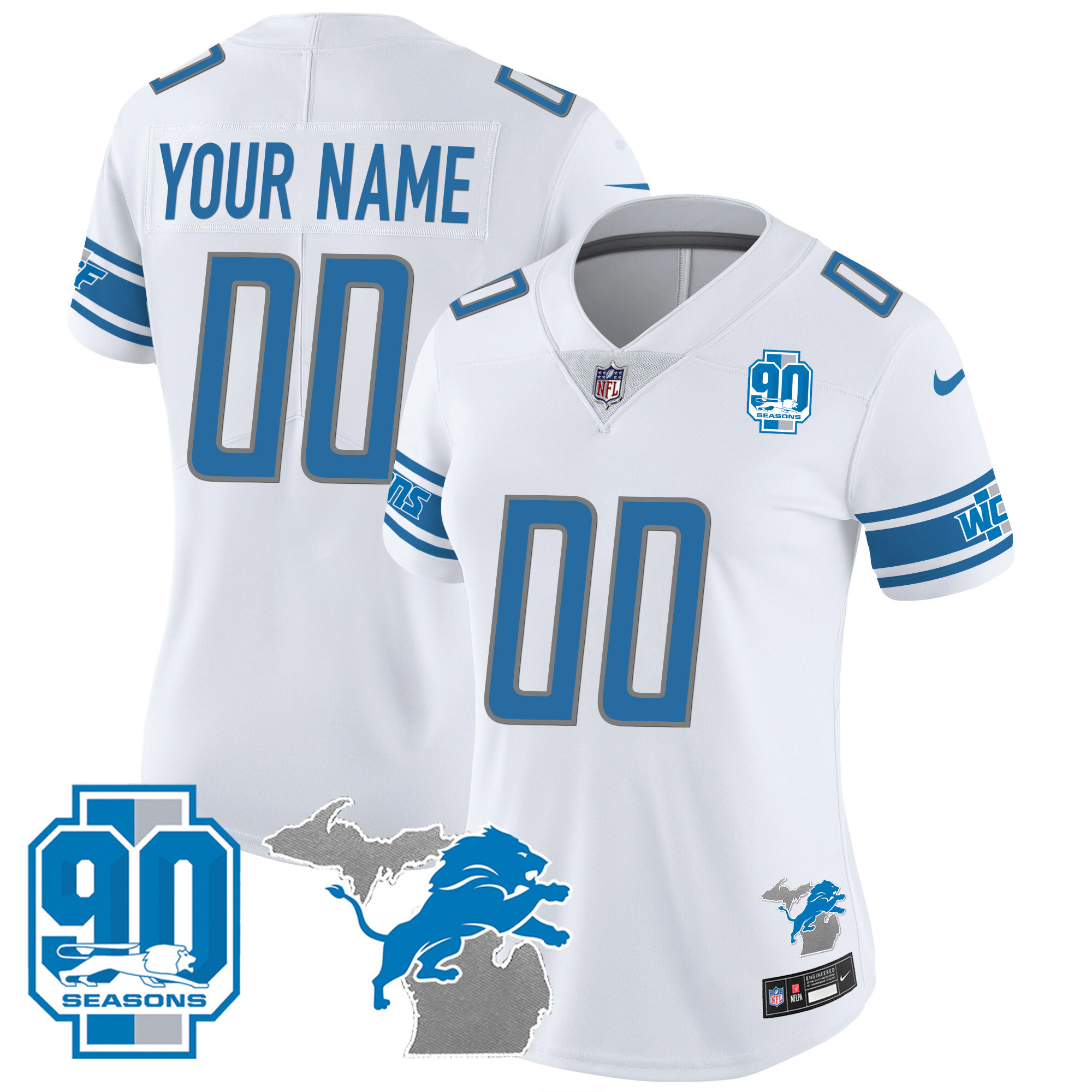 Women's Detroit Lions 90th Year & Michigan Patch Custom Vapor White Jersey - All Stitched