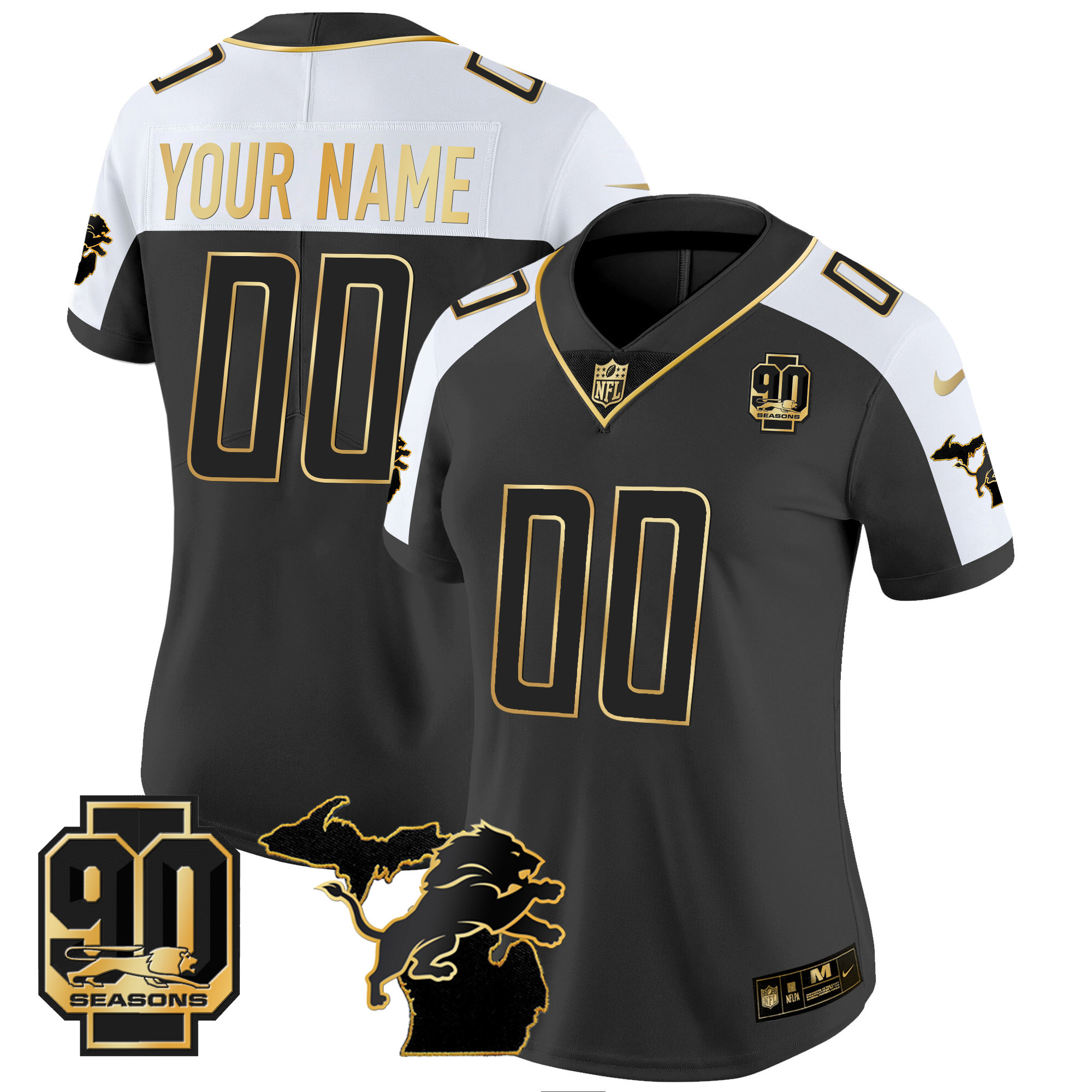 Women's Detroit Lions 90th Year & Michigan Patch Gold Vapor Custom Alternate Jersey - All Stitched