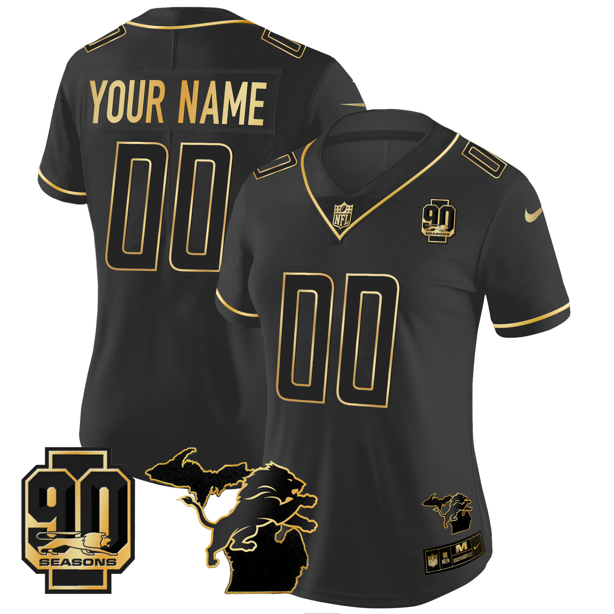 Women's Detroit Lions 90th Year & Michigan Patch Gold Vapor Custom Black Gold Jersey - All Stitched