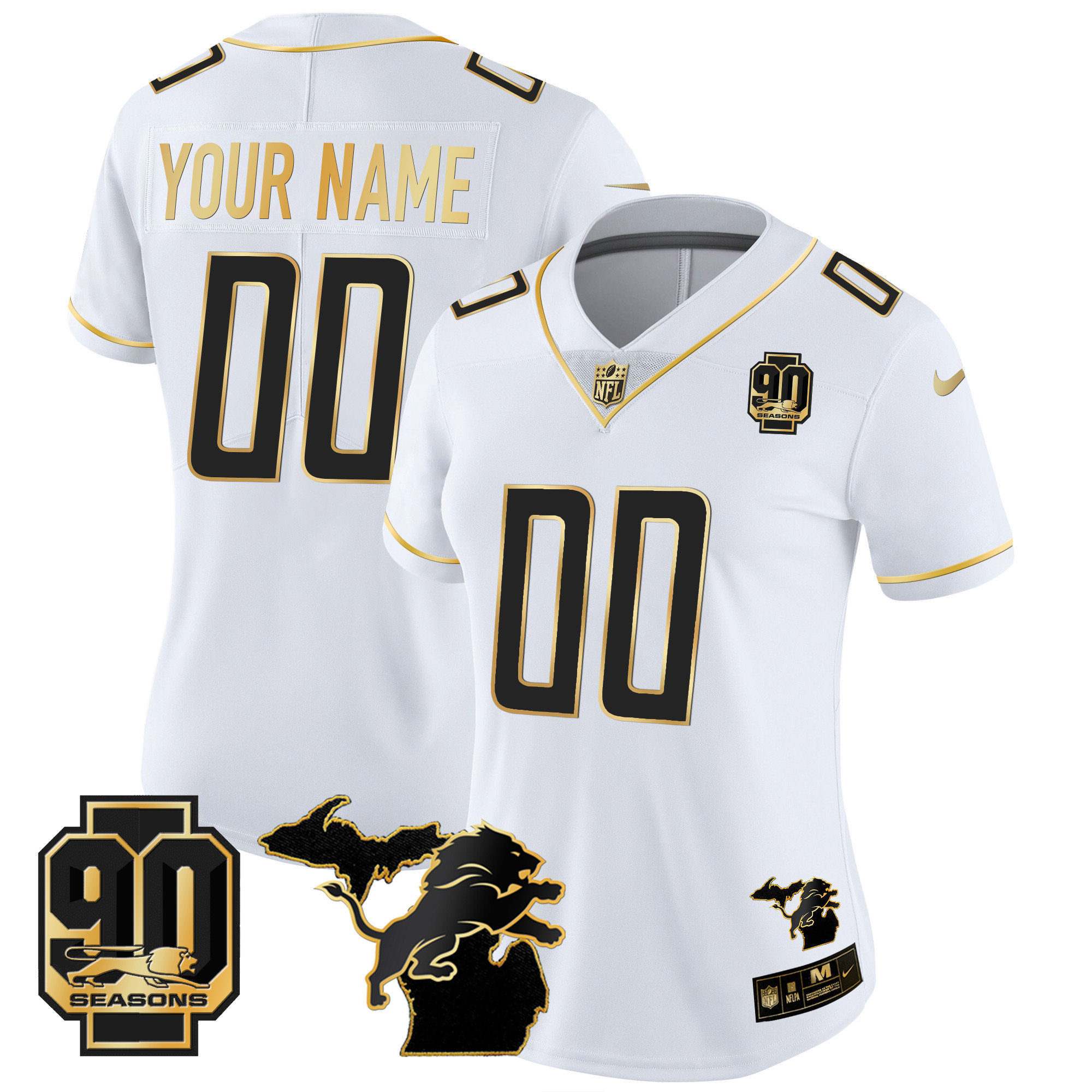 Women's Detroit Lions 90th Year & Michigan Patch Gold Vapor Custom White Gold Jersey - All Stitched