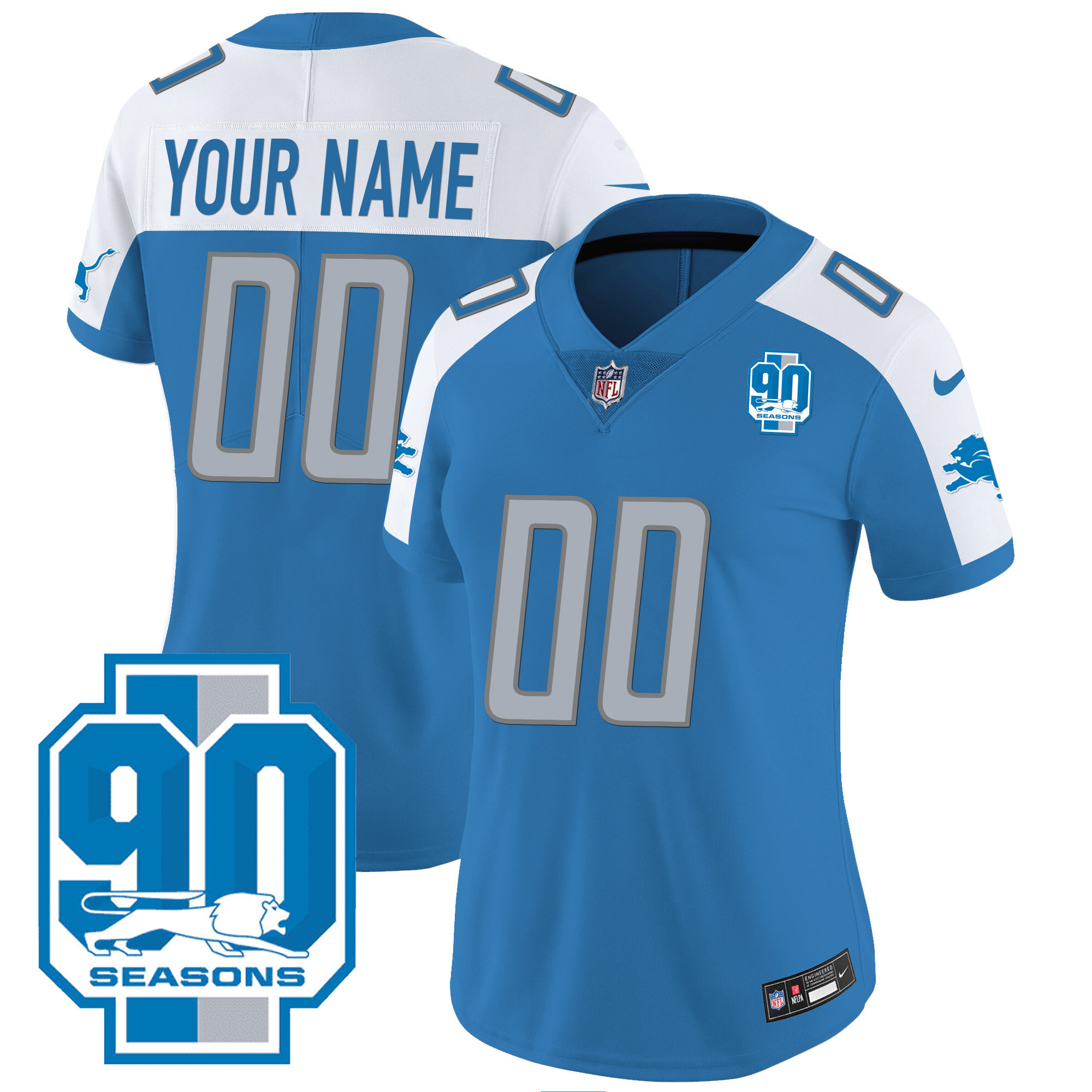 Women's Detroit Lions 90th Year Patch Custom Blue Alternate Jersey - All Stitched