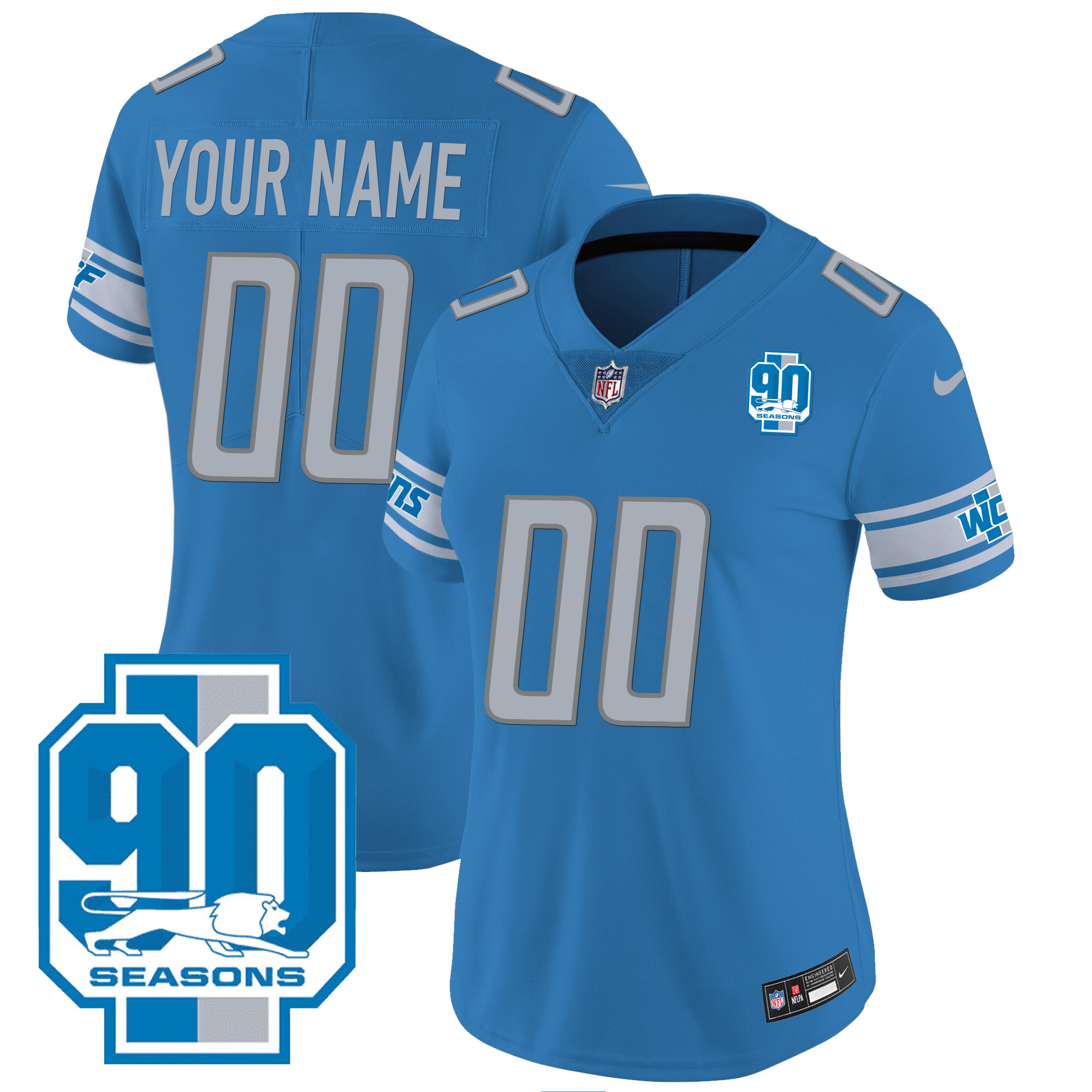 Women's Detroit Lions 90th Year Patch Custom Blue Jersey - All Stitched