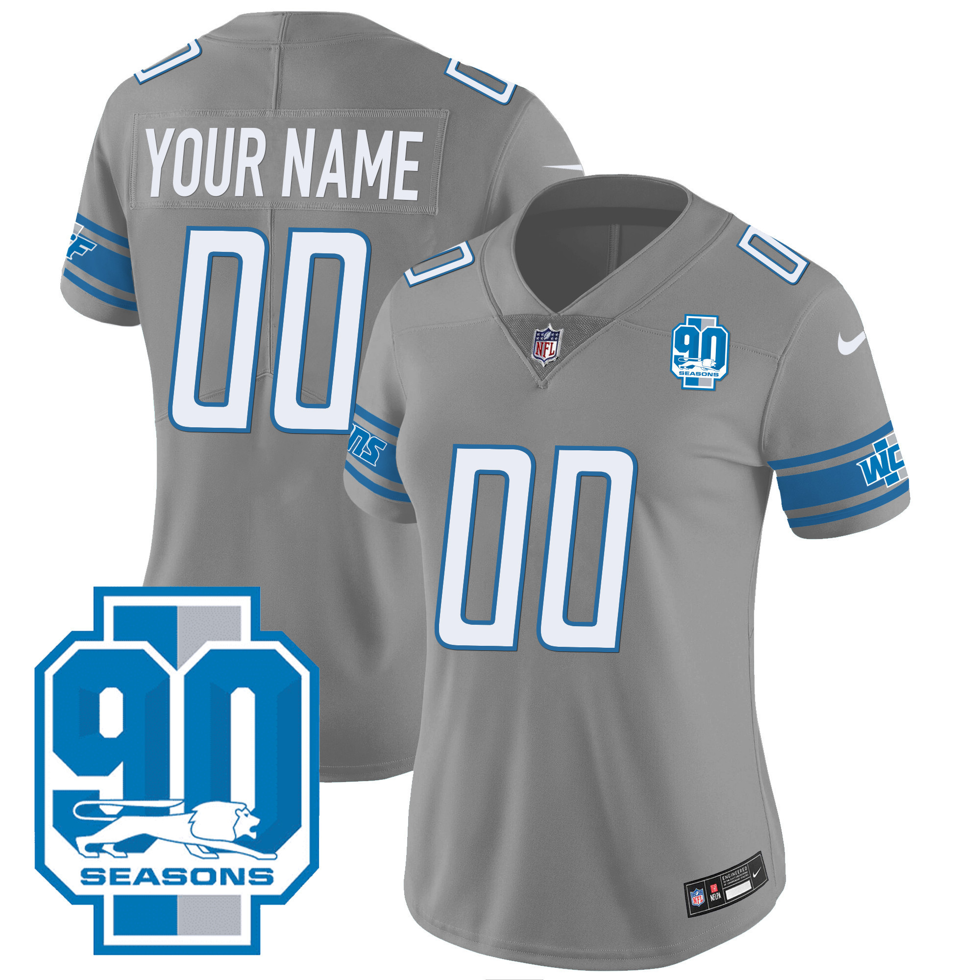 Women's Detroit Lions 90th Year Patch Custom Gray Jersey - All Stitched