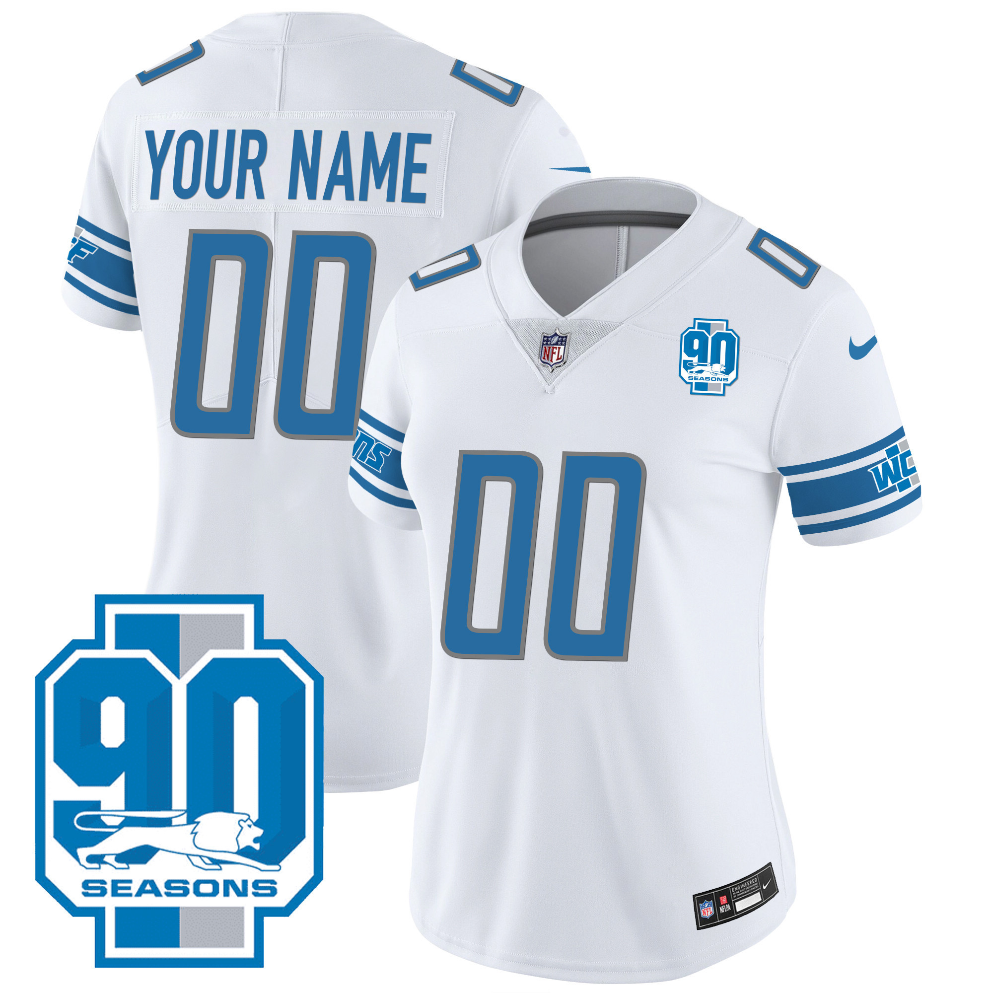 Women's Detroit Lions 90th Year Patch Custom White Jersey - All Stitched