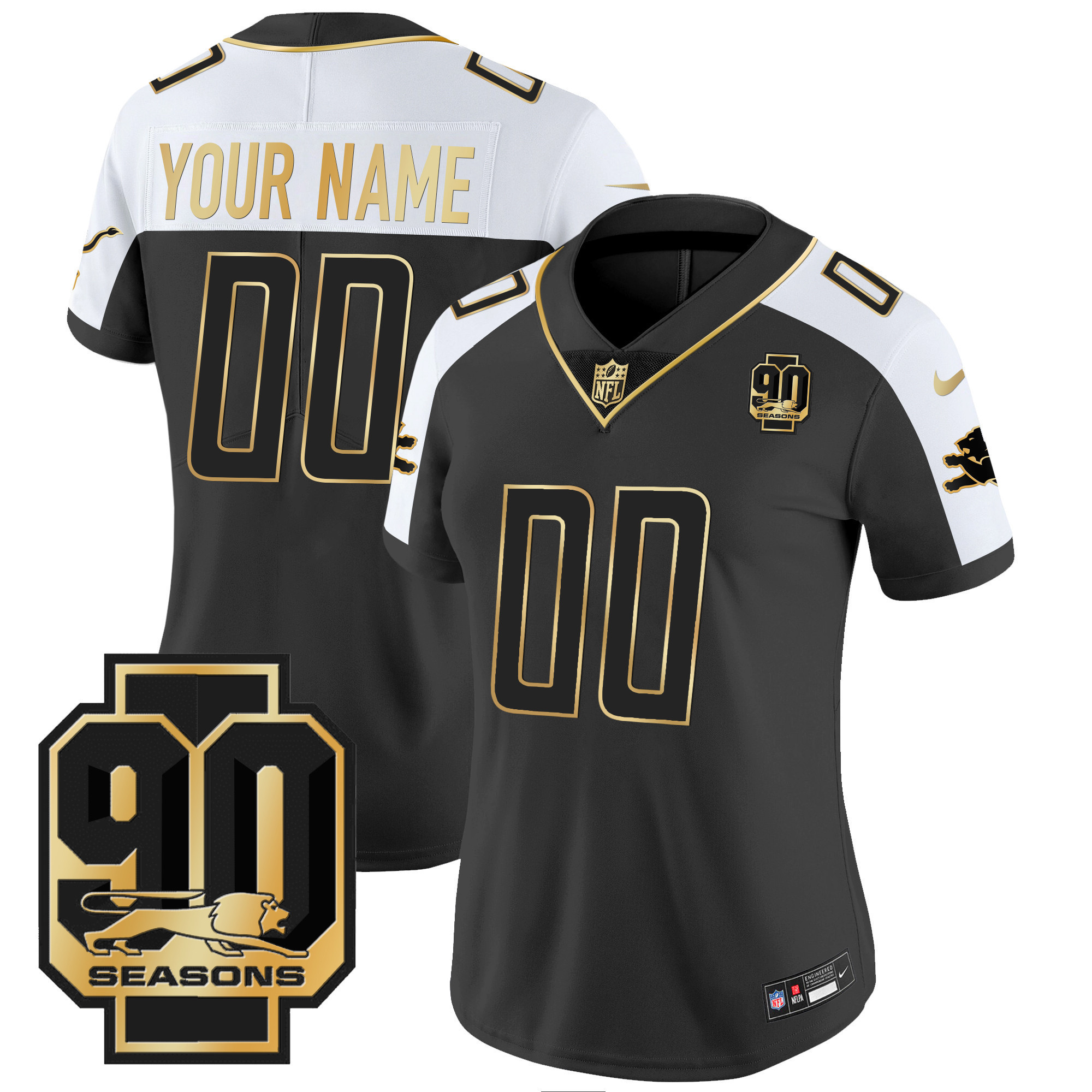Women's Detroit Lions 90th Year Patch Gold Custom Alternate Jersey - All Stitched