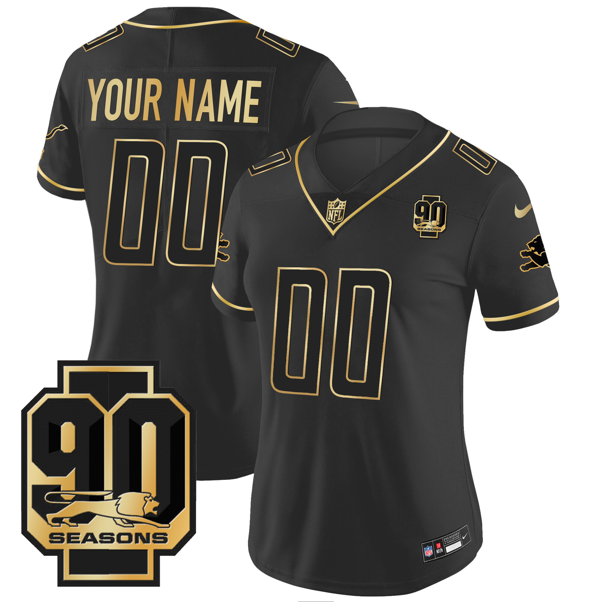 Women's Detroit Lions 90th Year Patch Gold Custom Black Gold Jersey - All Stitched
