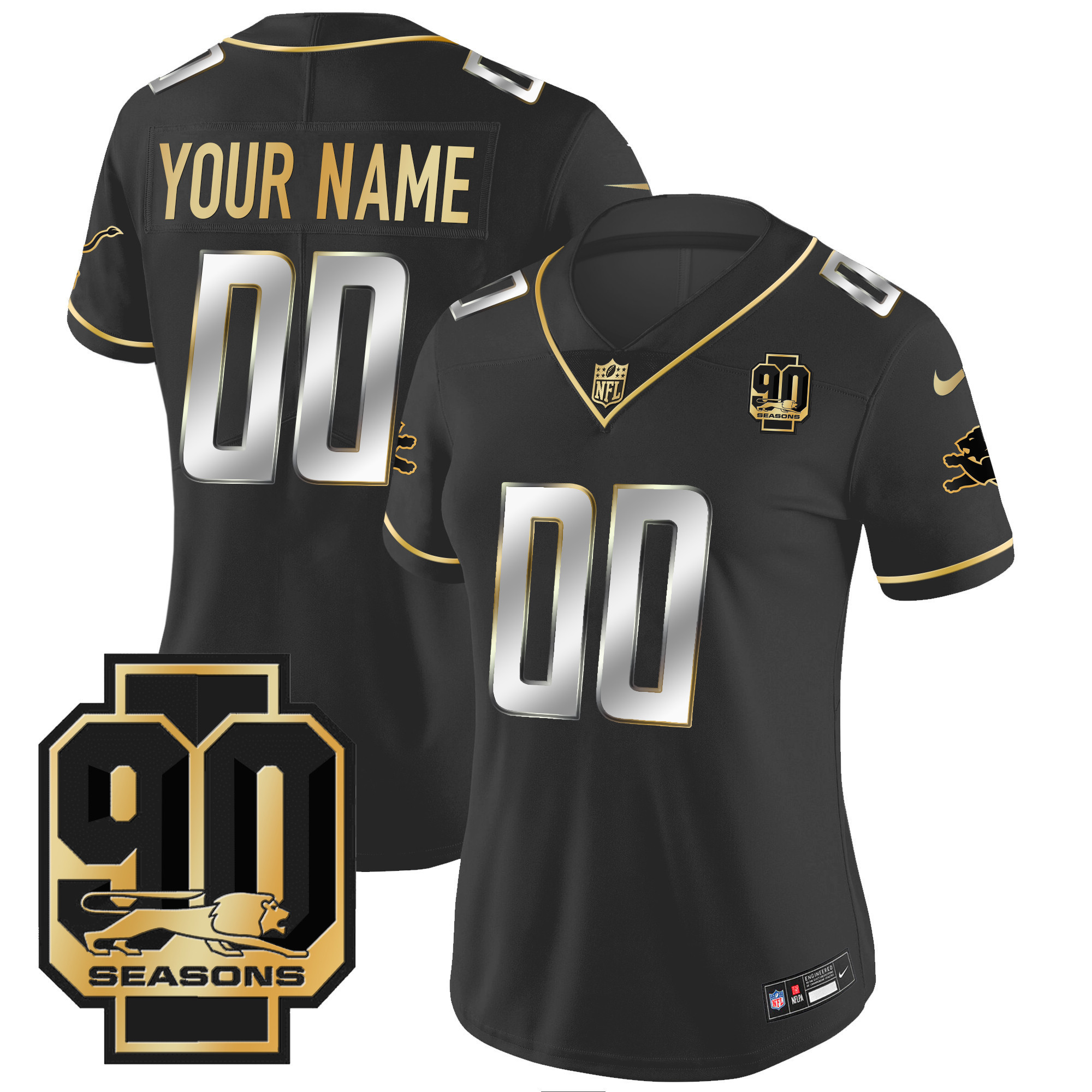 Women's Detroit Lions 90th Year Patch Gold Custom Black Limited Jersey - All Stitched