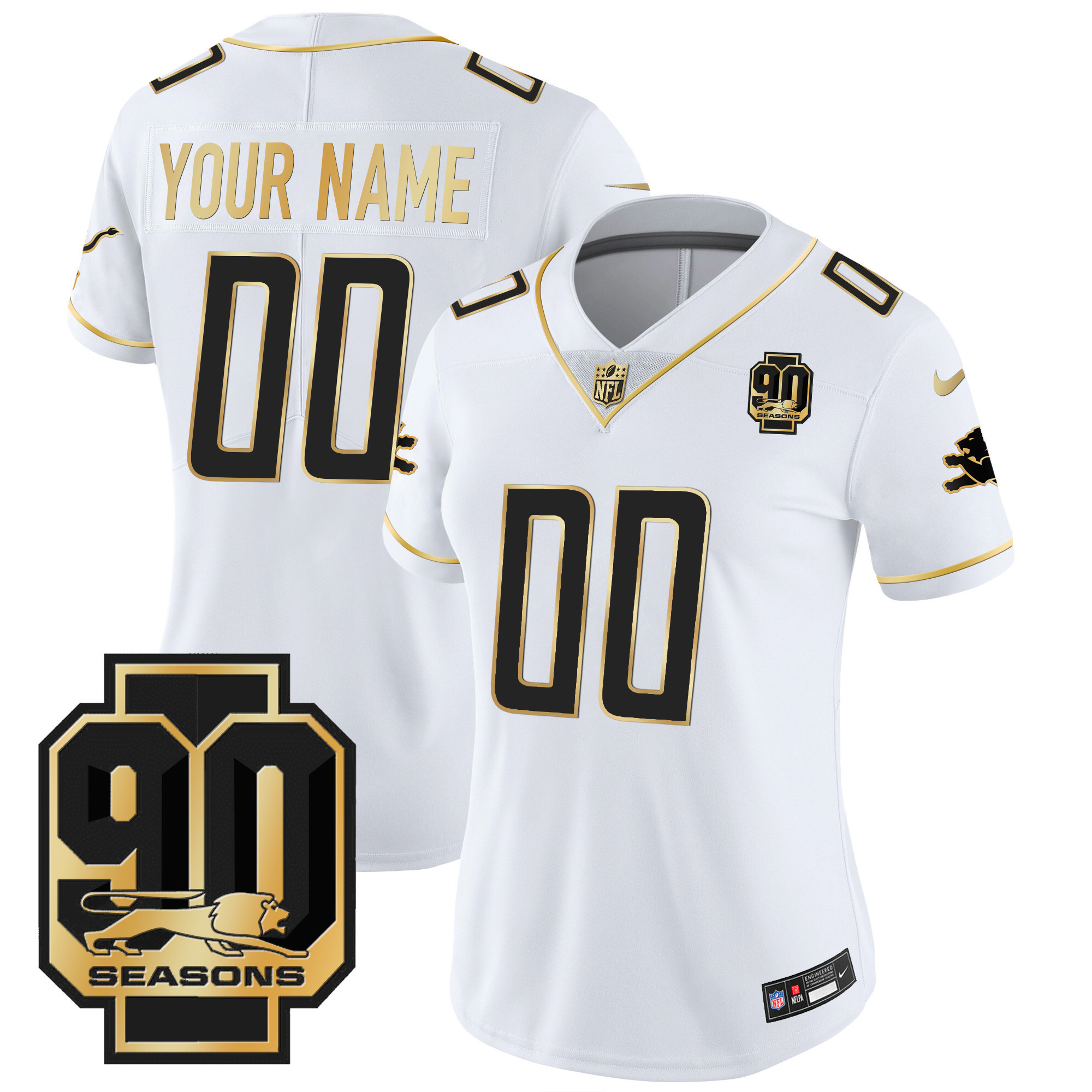 Women's Detroit Lions 90th Year Patch Gold Custom White Gold Jersey - All Stitched