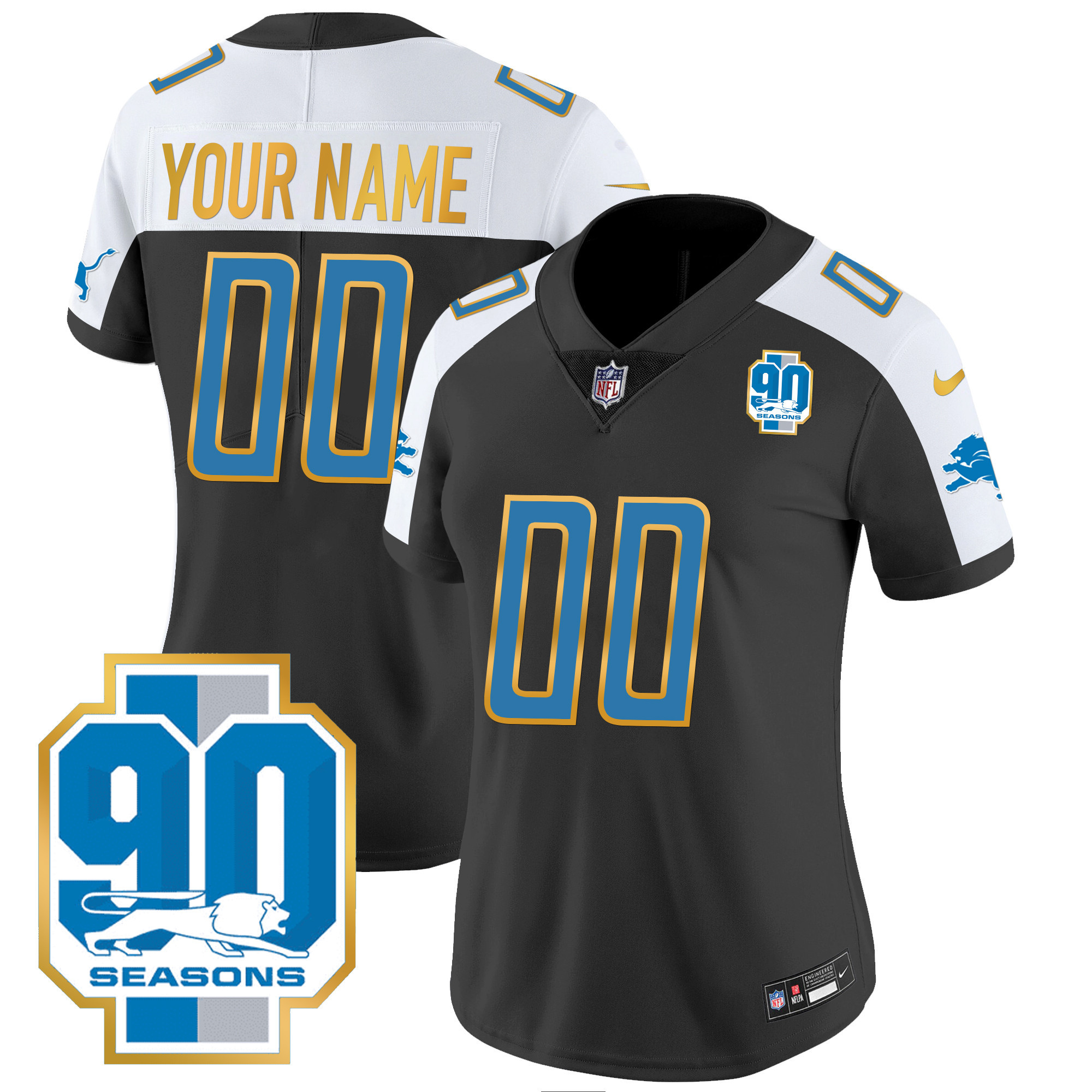 Women's Detroit Lions 90th Year Patch Gold Trim Custom Black Alternate Jersey - All Stitched