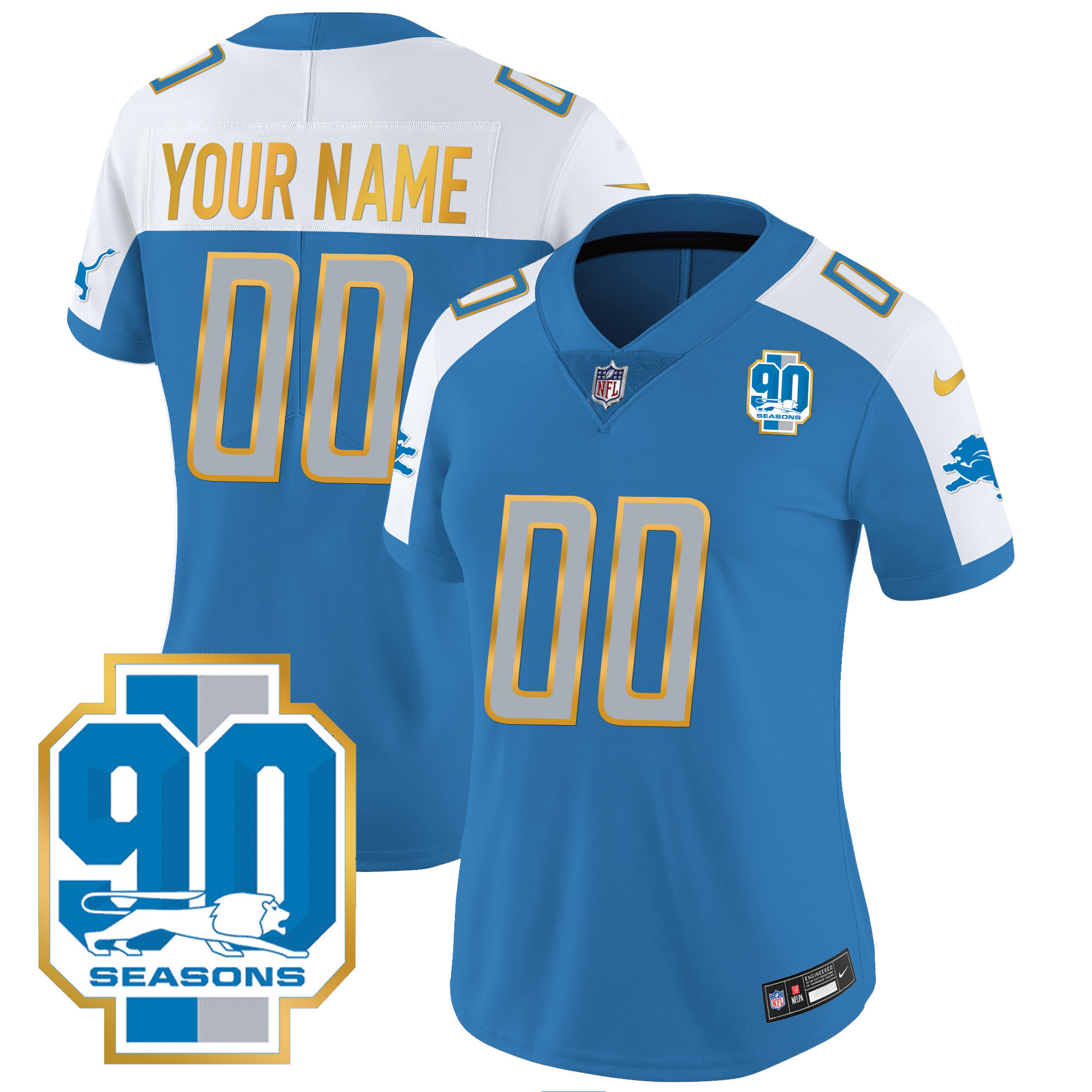 Women's Detroit Lions 90th Year Patch Gold Trim Custom Blue Alternate Jersey - All Stitched