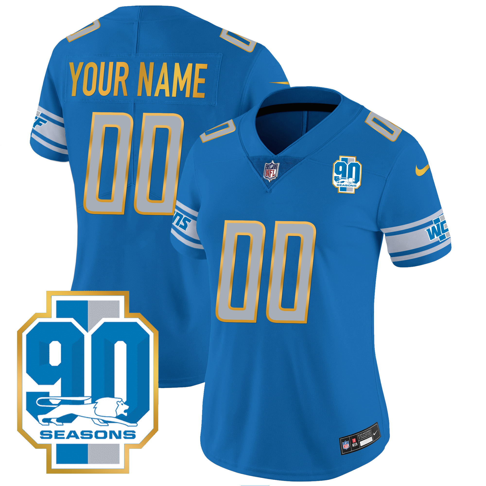 Women's Detroit Lions 90th Year Patch Gold Trim Custom Blue Jersey - All Stitched