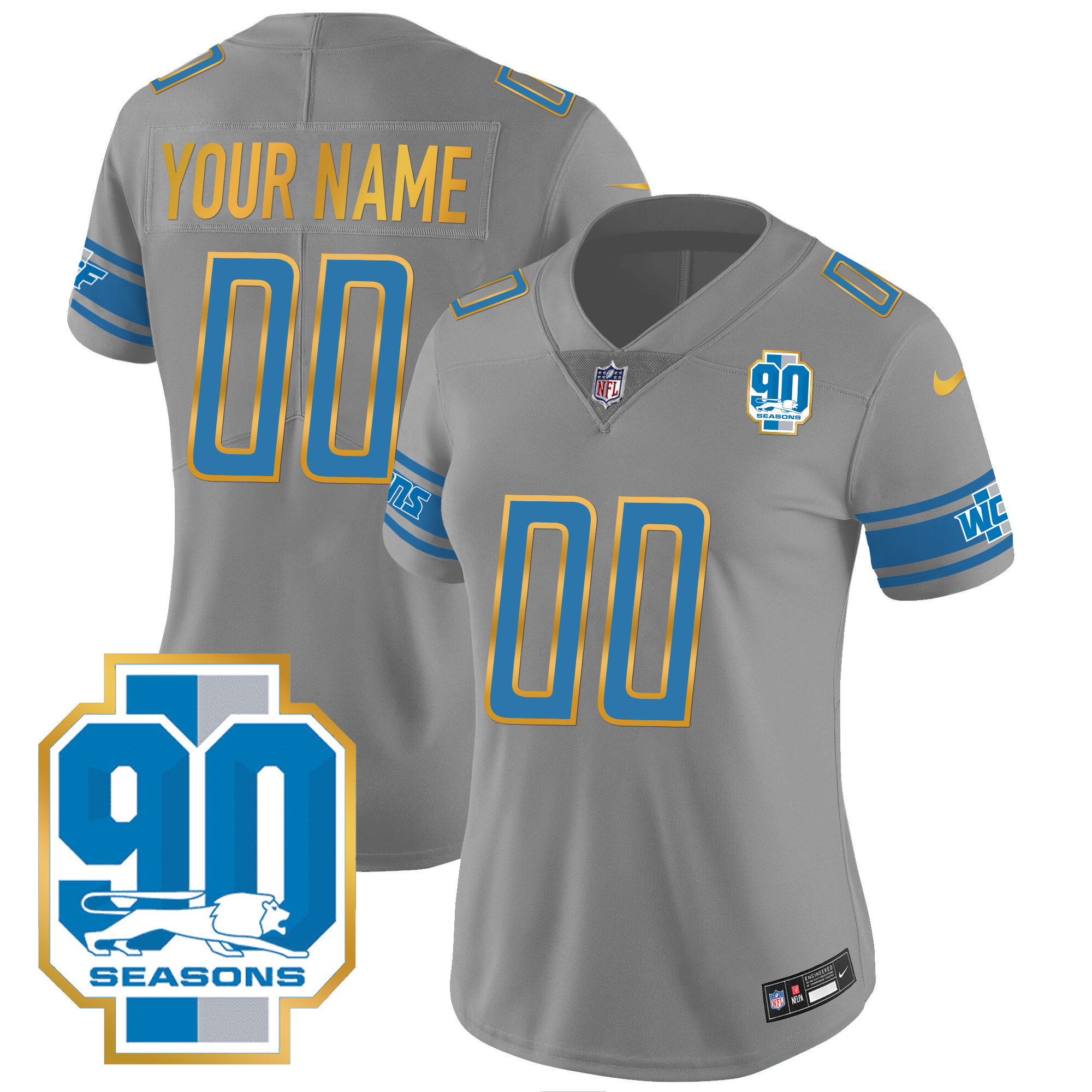 Women's Detroit Lions 90th Year Patch Gold Trim Custom Gray Jersey - All Stitched
