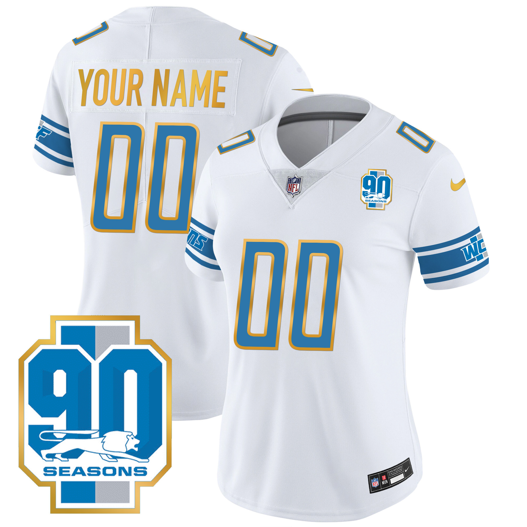 Women's Detroit Lions 90th Year Patch Gold Trim Custom White Jersey - All Stitched