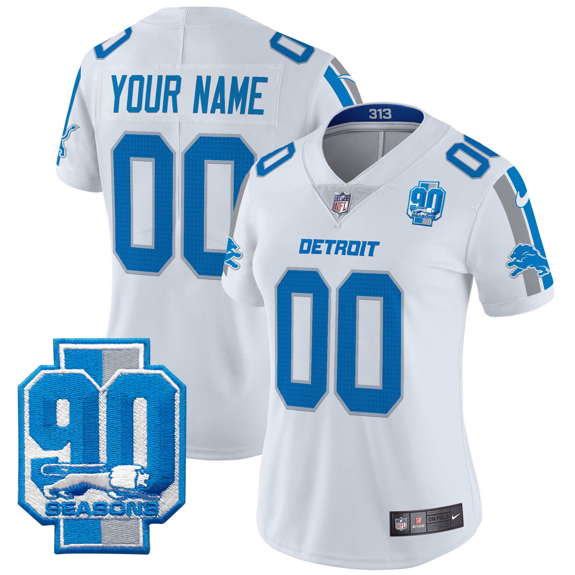 Women's Detroit Lions 90th Year Patch Vapor Limited Custom White Jersey - All Stitched