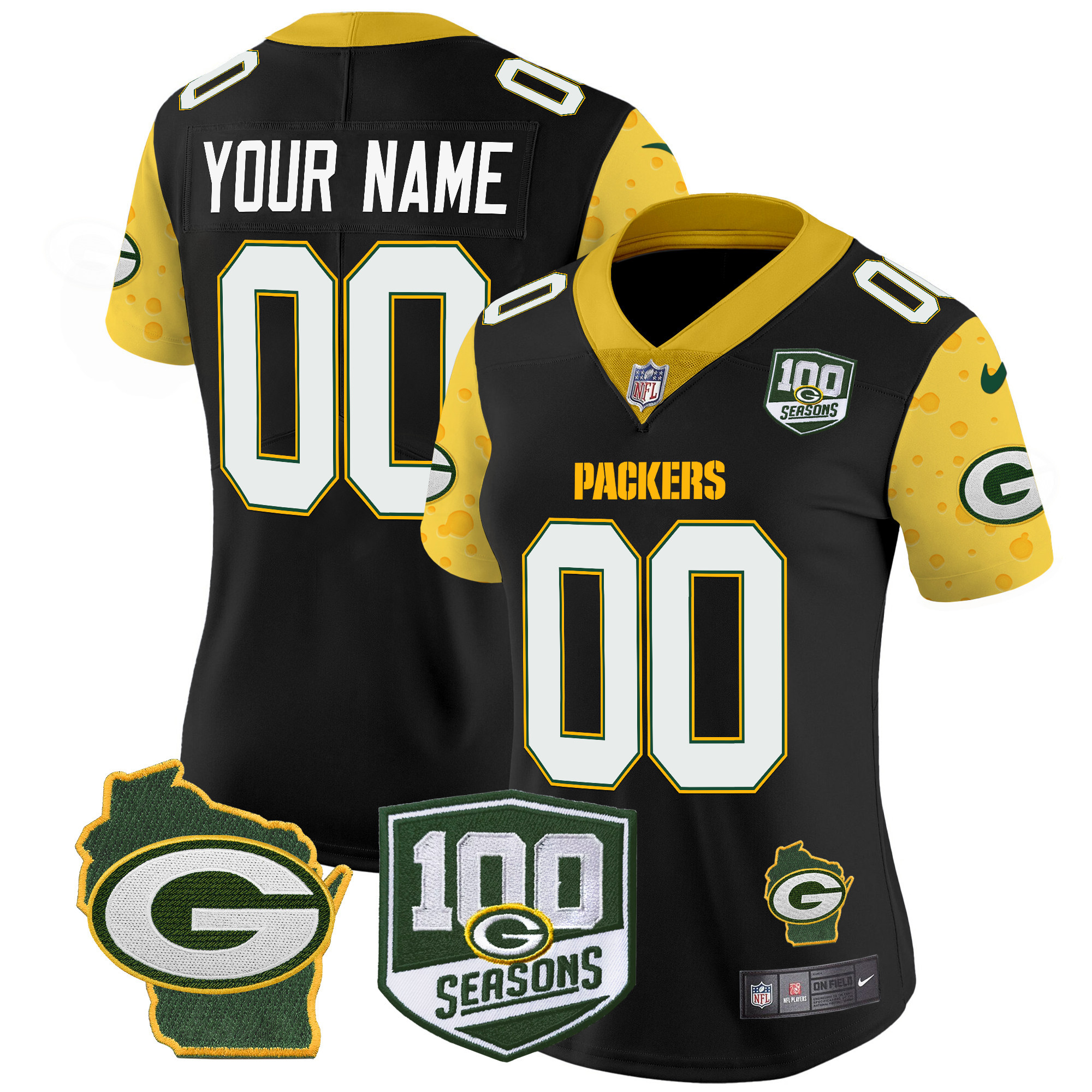 Women's Green Bay Packers 100th Season & Home Patch Cheese Vapor Limited Custom Black Jersey - All Stitched
