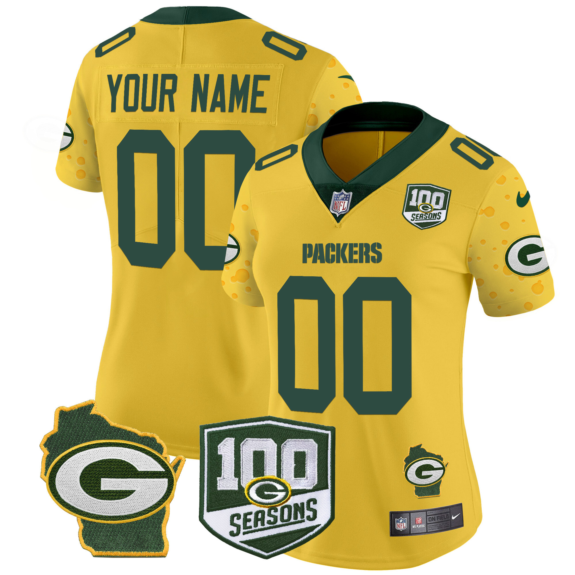 Women's Green Bay Packers 100th Season & Home Patch Cheese Vapor Limited Custom Gold Jersey - All Stitched