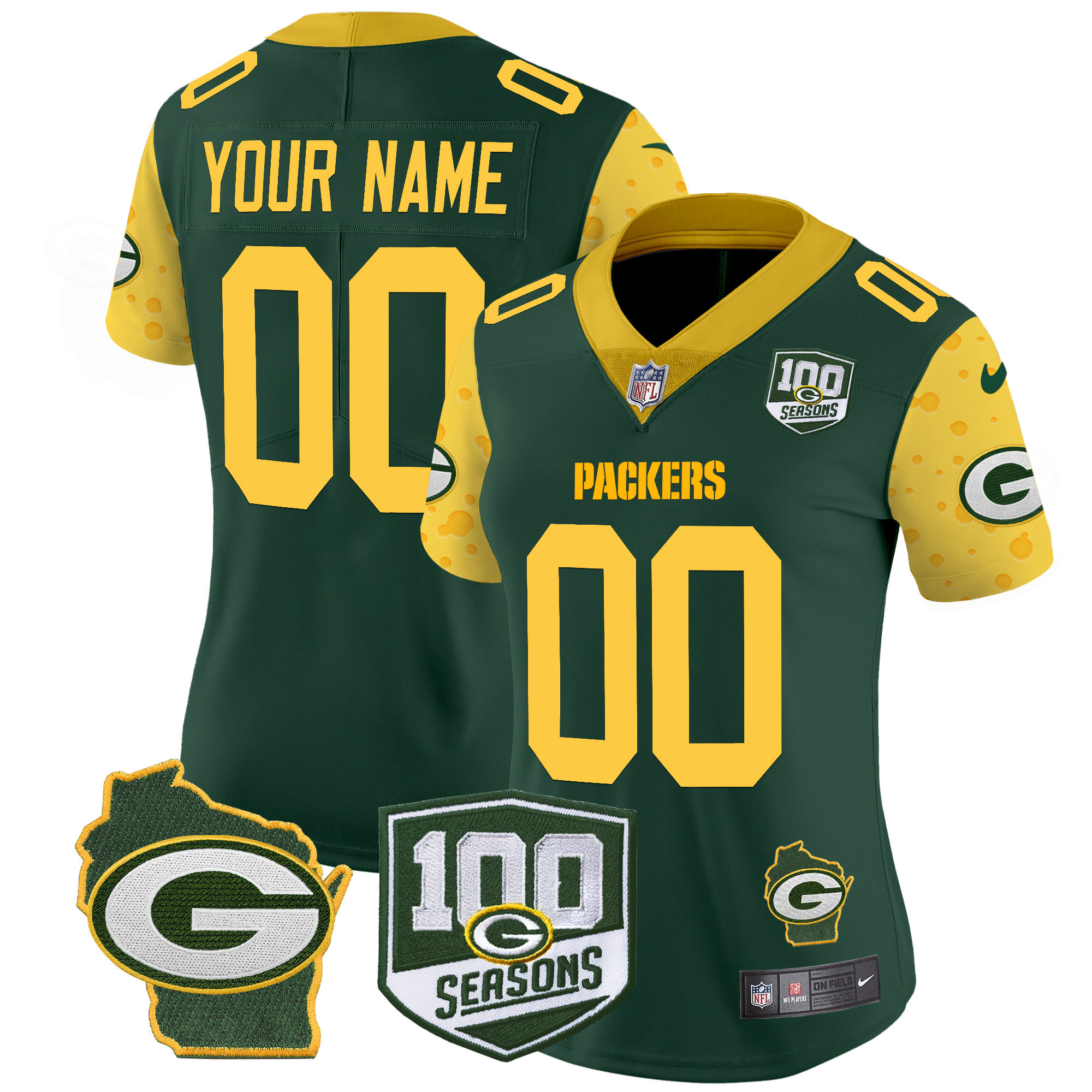 Women's Green Bay Packers 100th Season & Home Patch Cheese Vapor Limited Custom Green Jersey - All Stitched