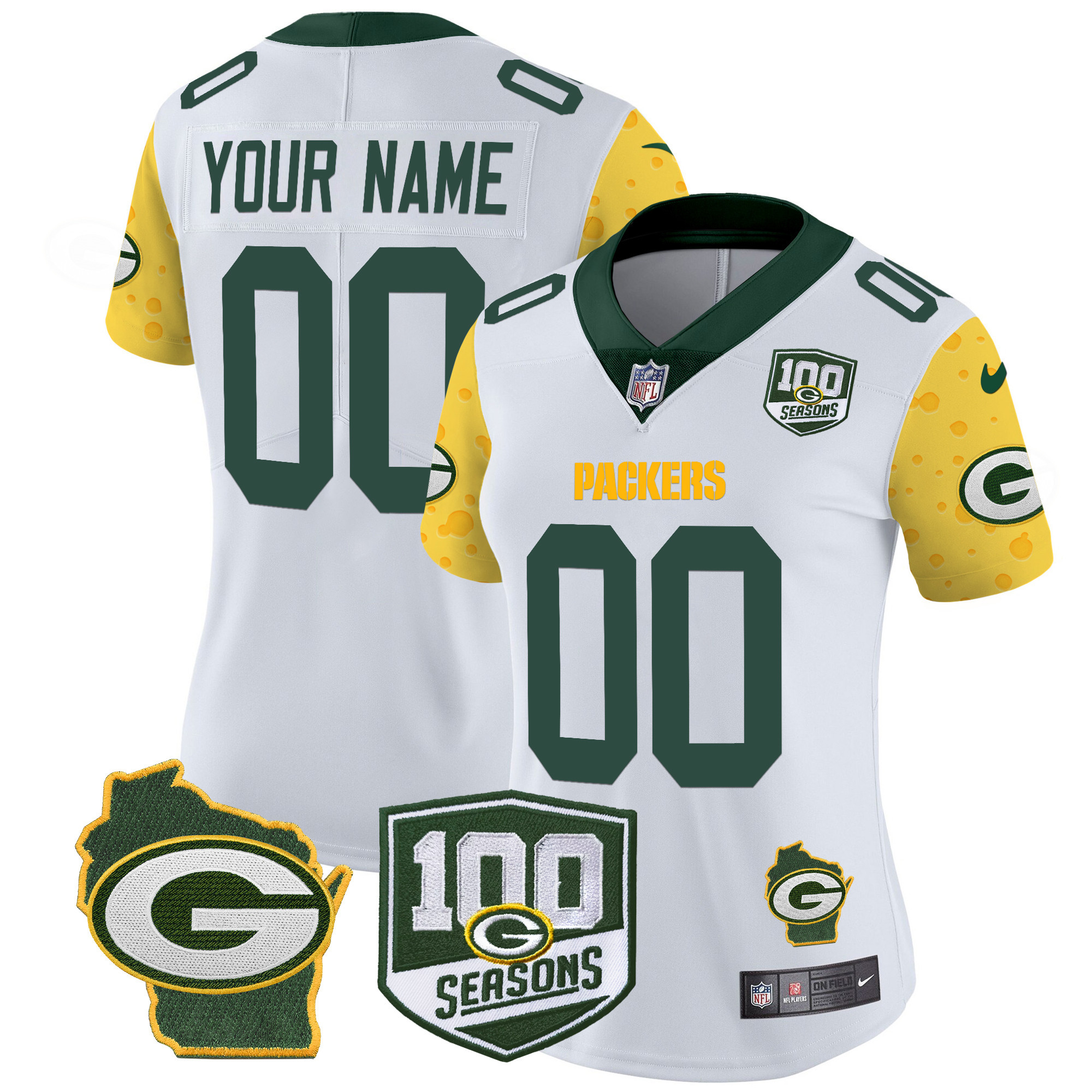 Women's Green Bay Packers 100th Season & Home Patch Cheese Vapor Limited Custom White Jersey - All Stitched