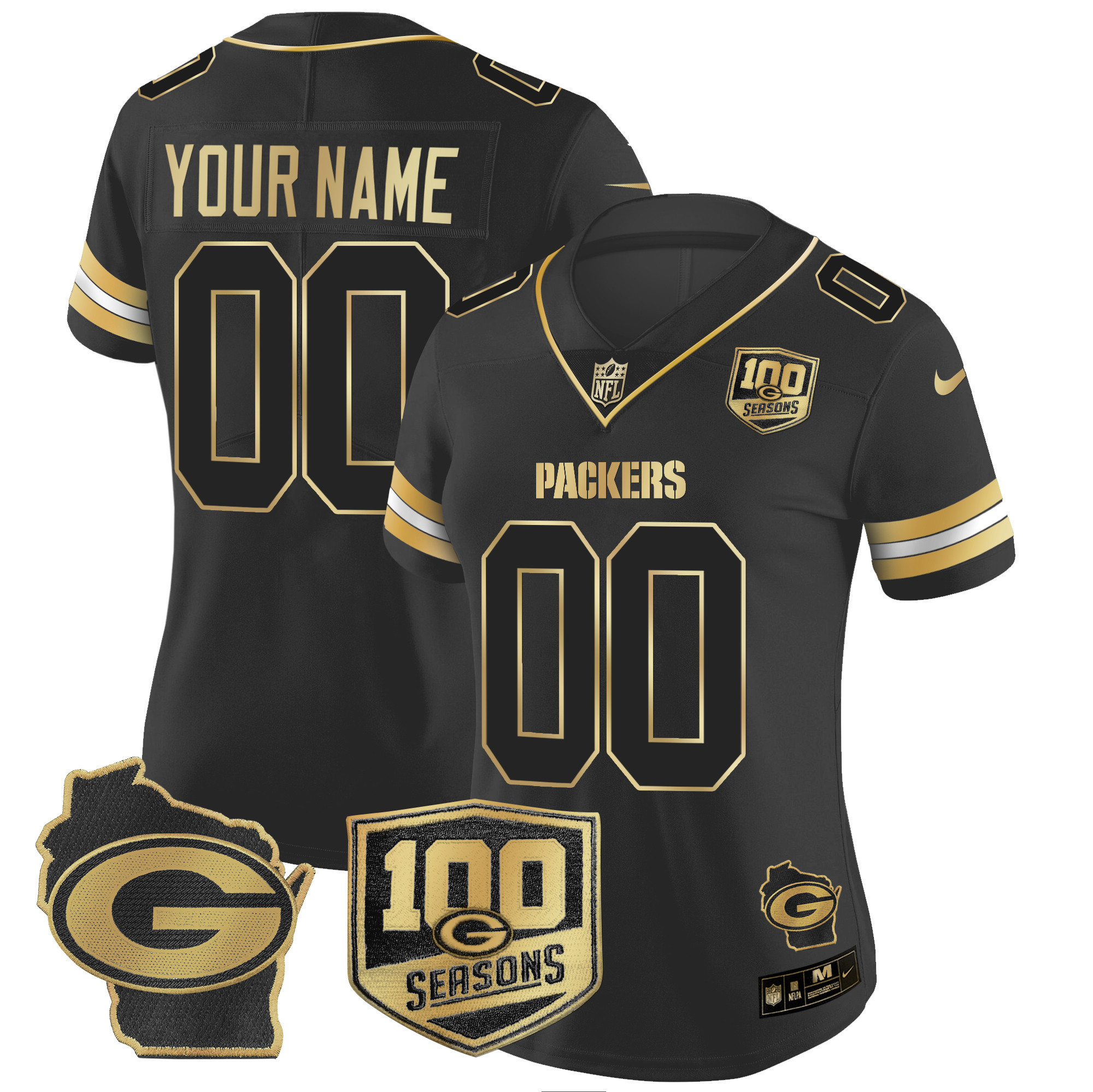 Women's Green Bay Packers 100th Season & Home Patch Gold Vapor Limited Custom Black Gold Jersey - All Stitched