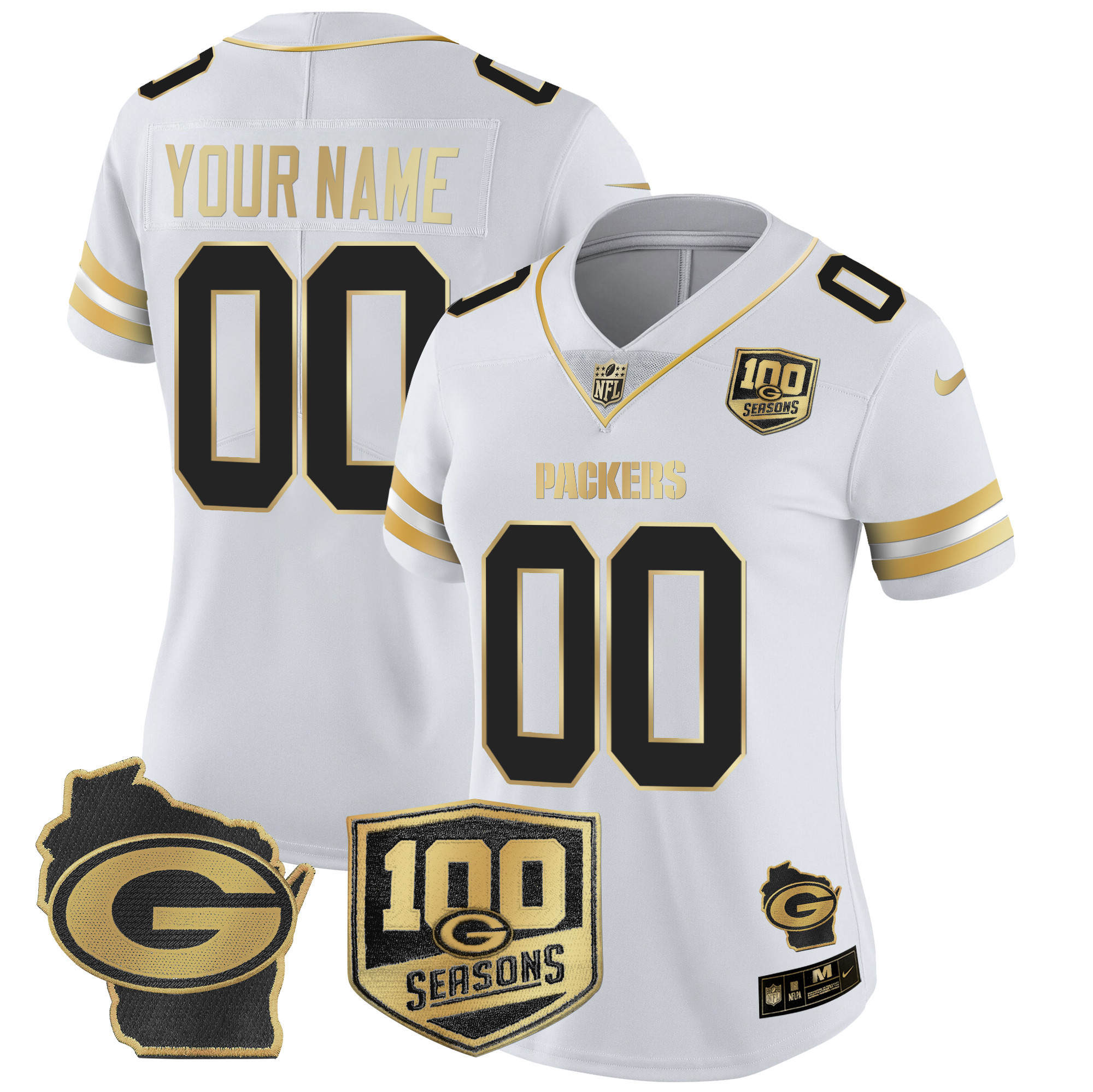 Women's Green Bay Packers 100th Season & Home Patch Gold Vapor Limited Custom White Gold Jersey - All Stitched