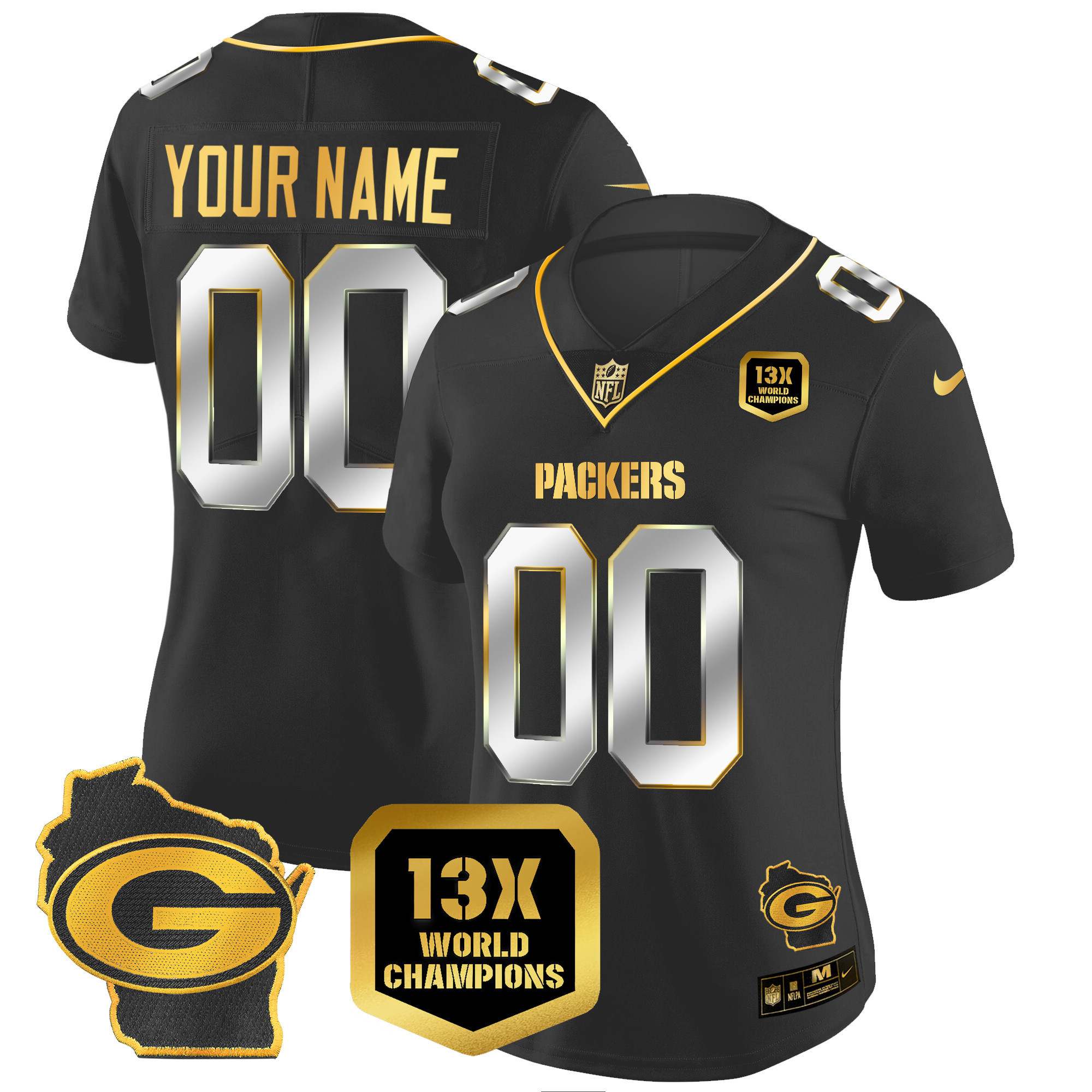 Women's Green Bay Packers 13 Time World Champions & Home Patch Gold Vapor Black Limited Jersey - All Stitched